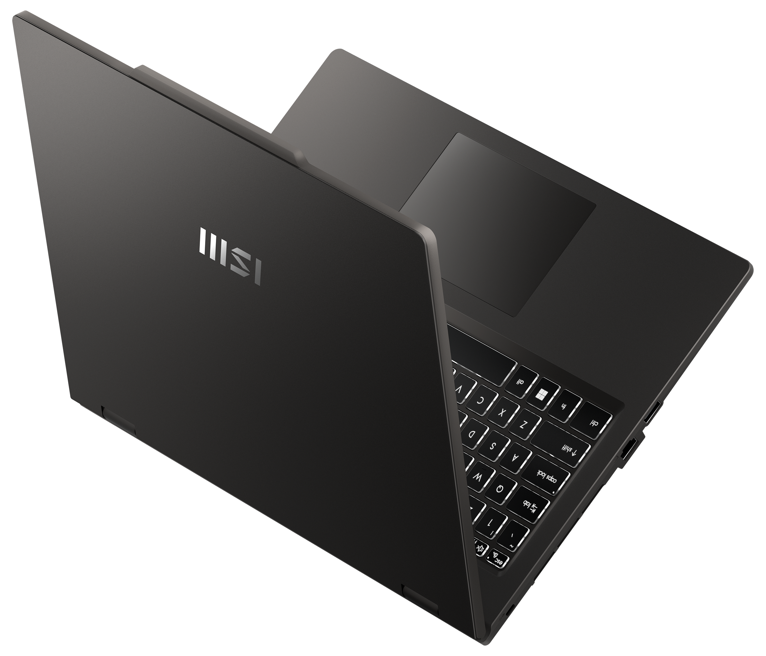 Schwarzer MSI-Laptop, geöffnet, Draufsicht, auf schwarzem Hintergrund, zeigt Tastatur und Touchpad.