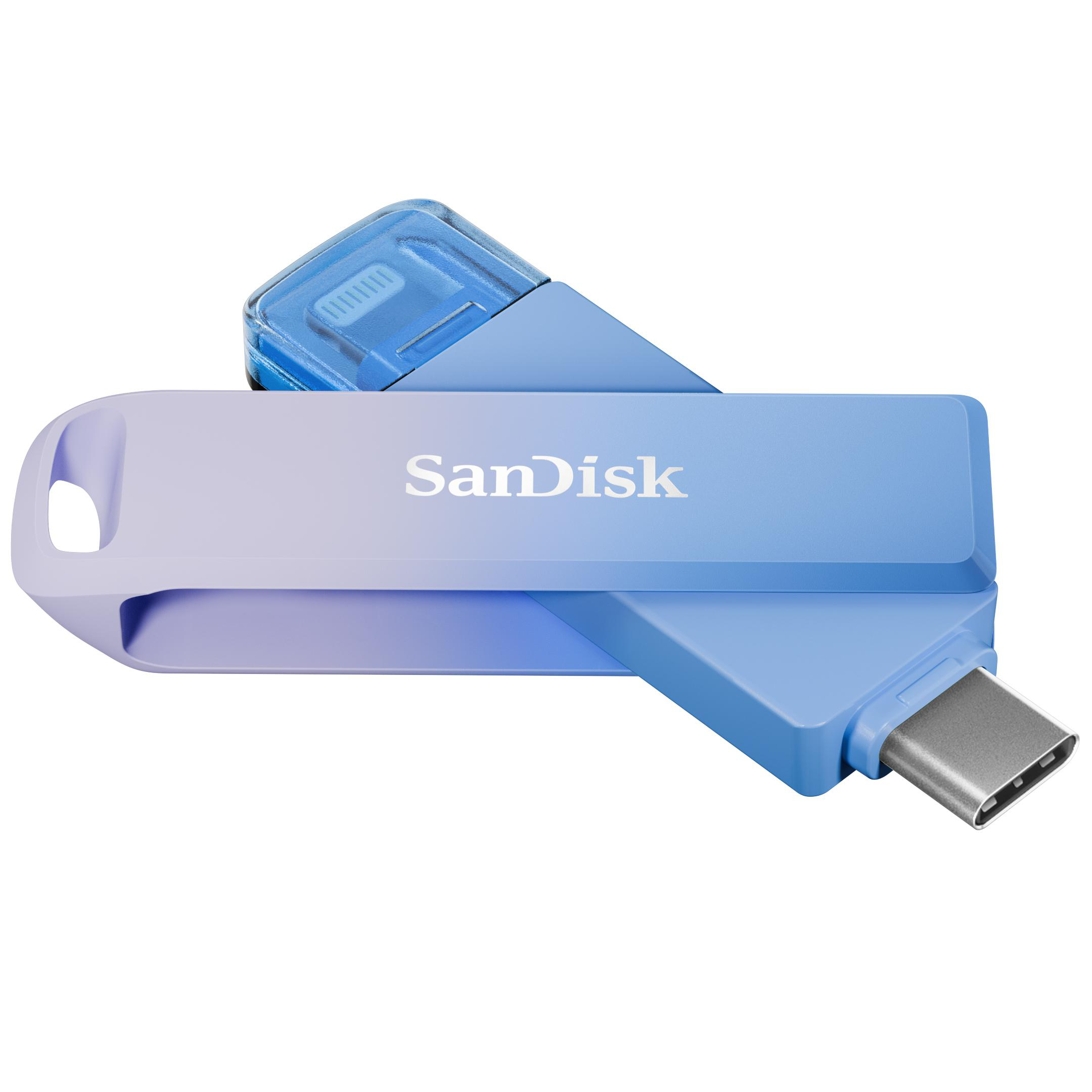 Blau-weißer Sandisk USB-Stick mit USB-A- und USB-C-Anschlüssen.