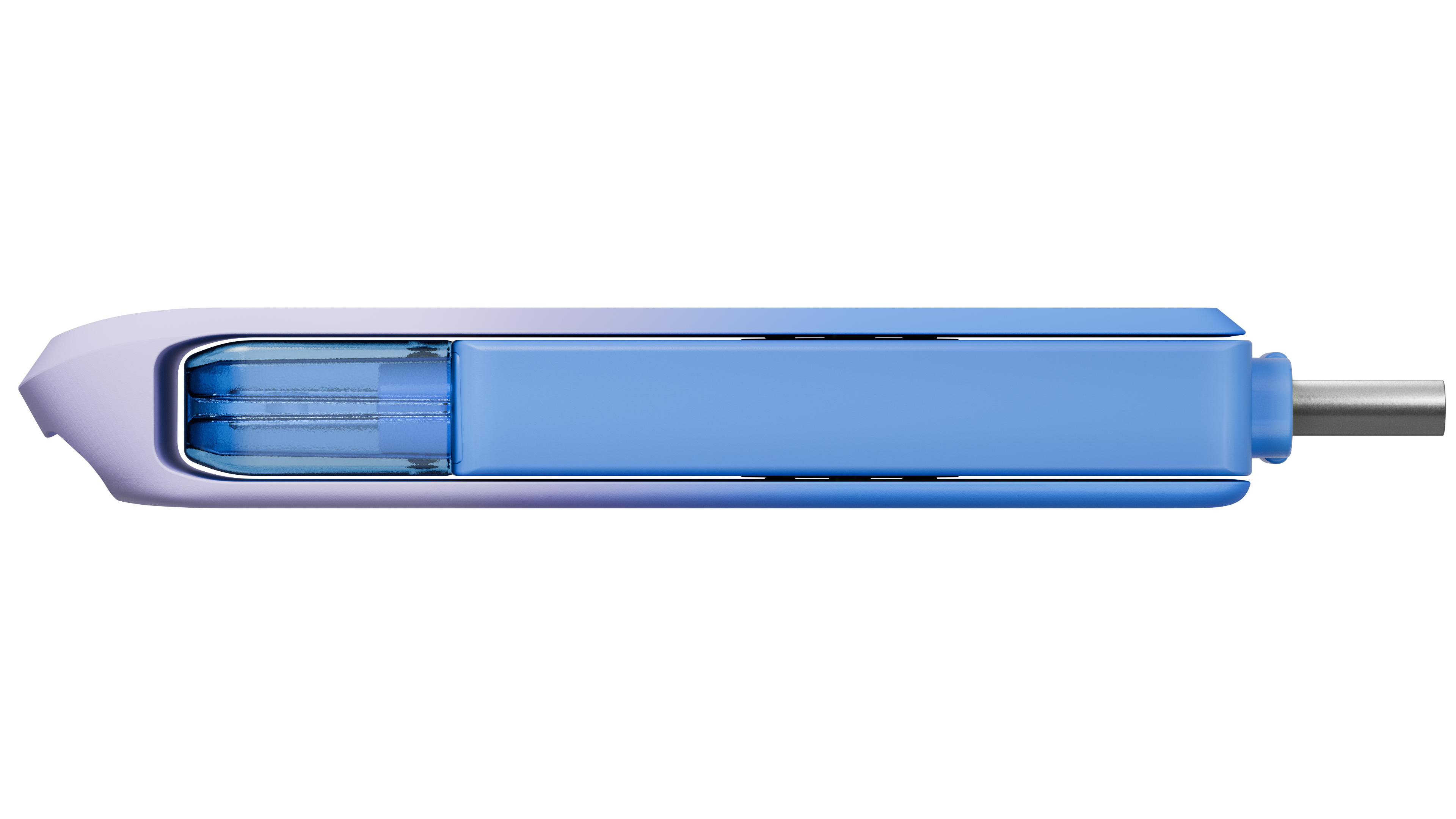Eine Nahaufnahme eines hellblau-weißen USB-Laufwerks.