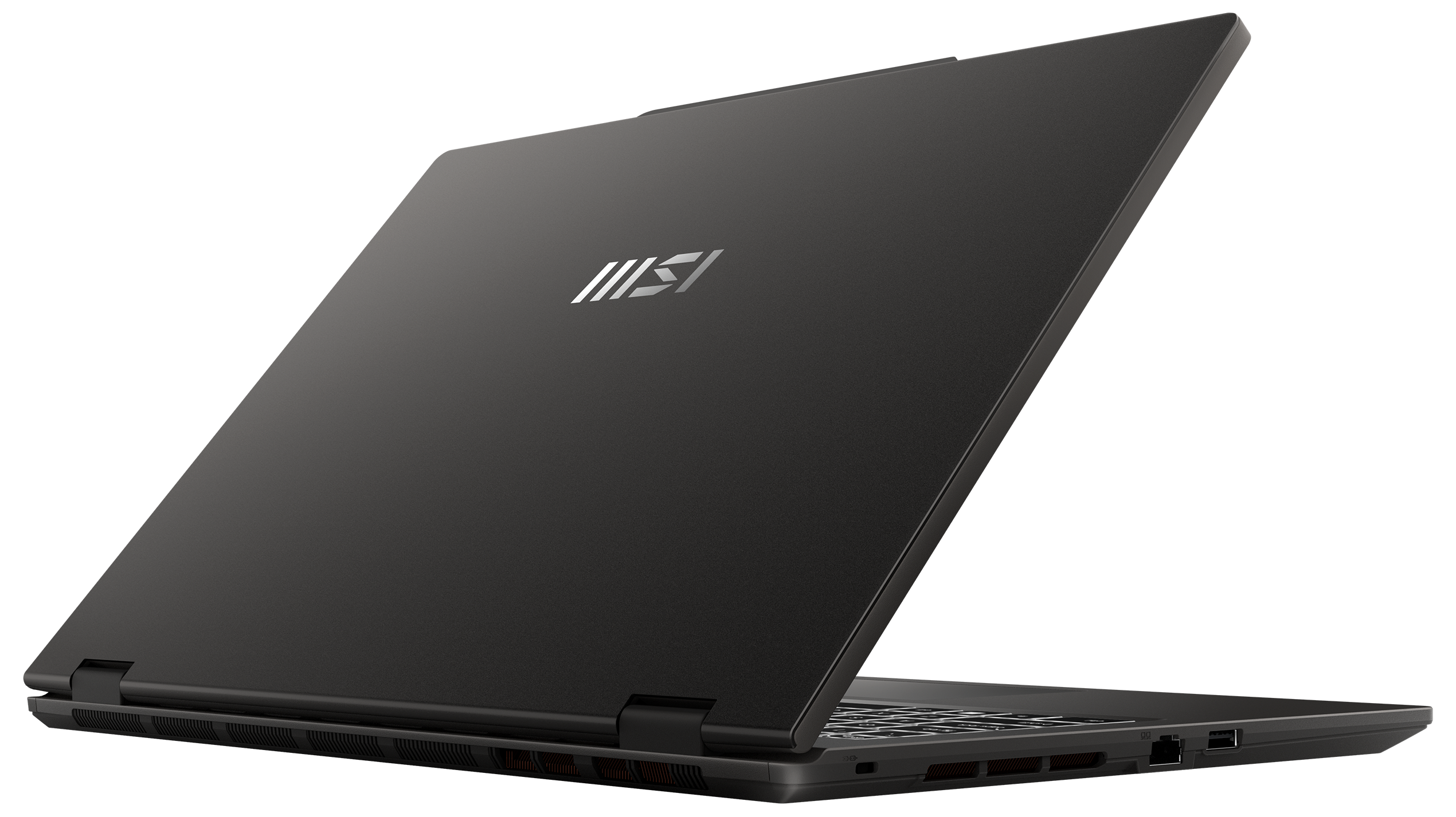 Schwarzer Laptop, Rückansicht, leicht geöffnet. Das MSI-Logo ist sichtbar.