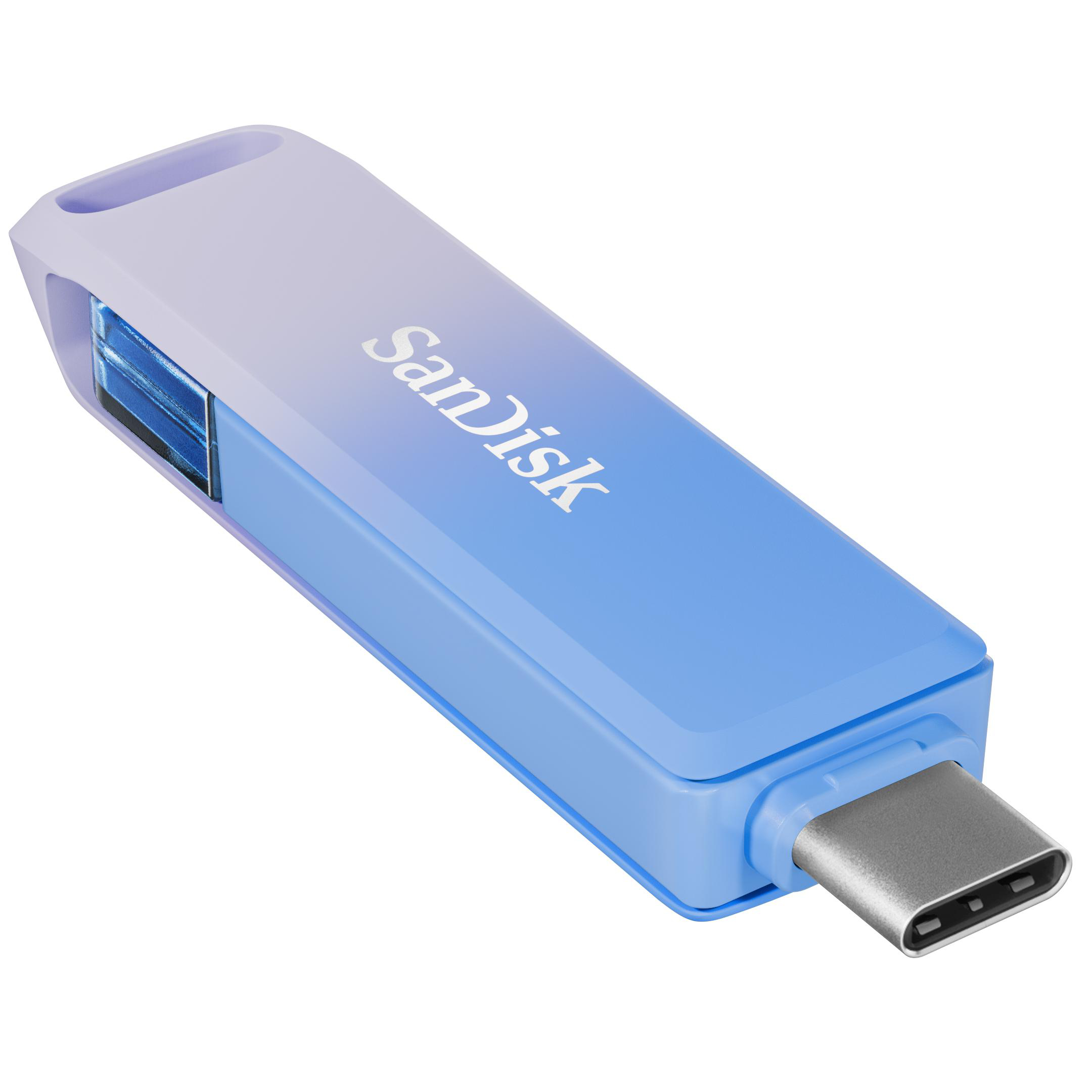 Blauer und lila SanDisk USB-Stick. Das SanDisk-Logo ist weiß.