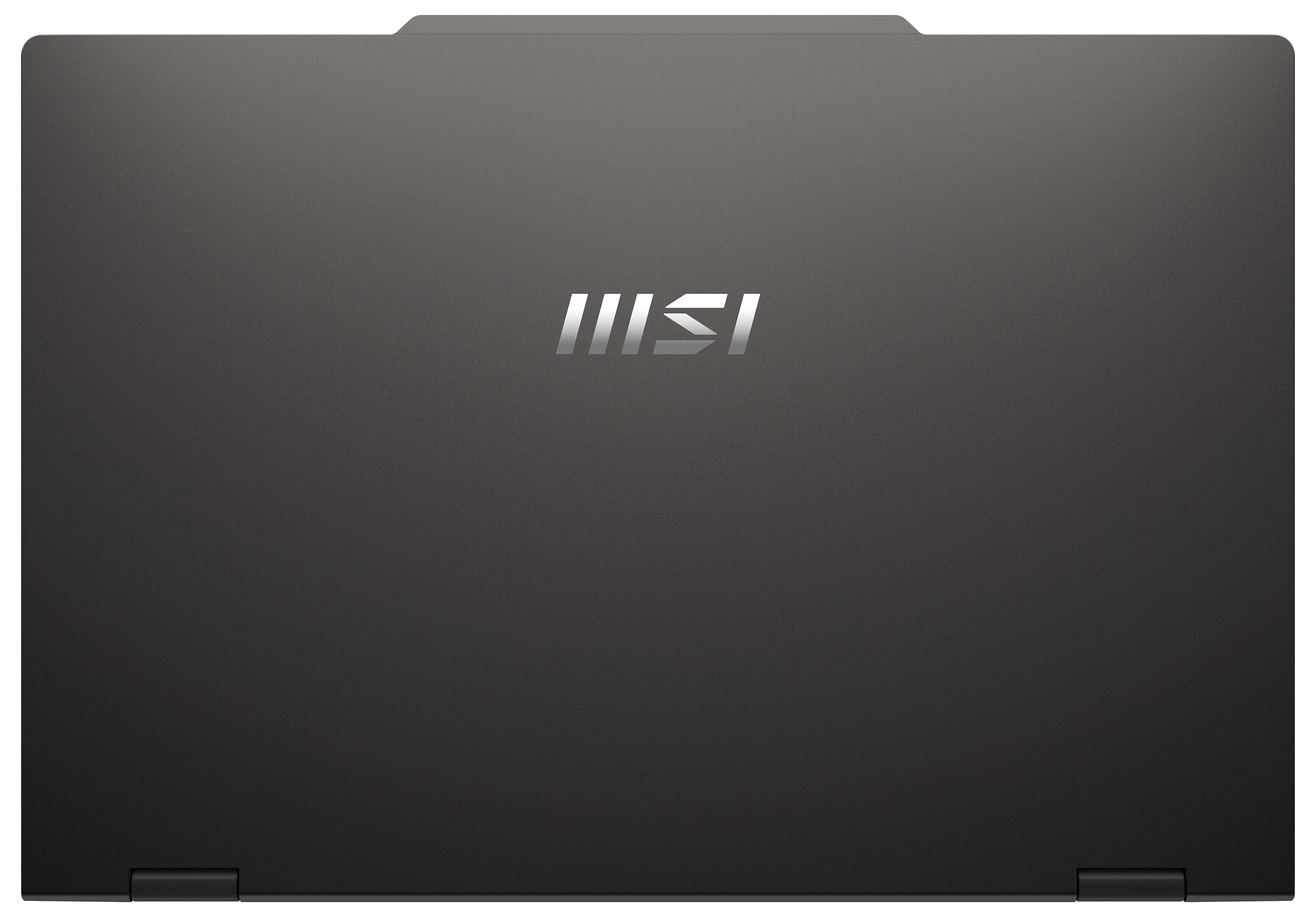 Dunkelgrauer Laptop mit MSI-Logo auf dem Deckel, leicht geöffnet.