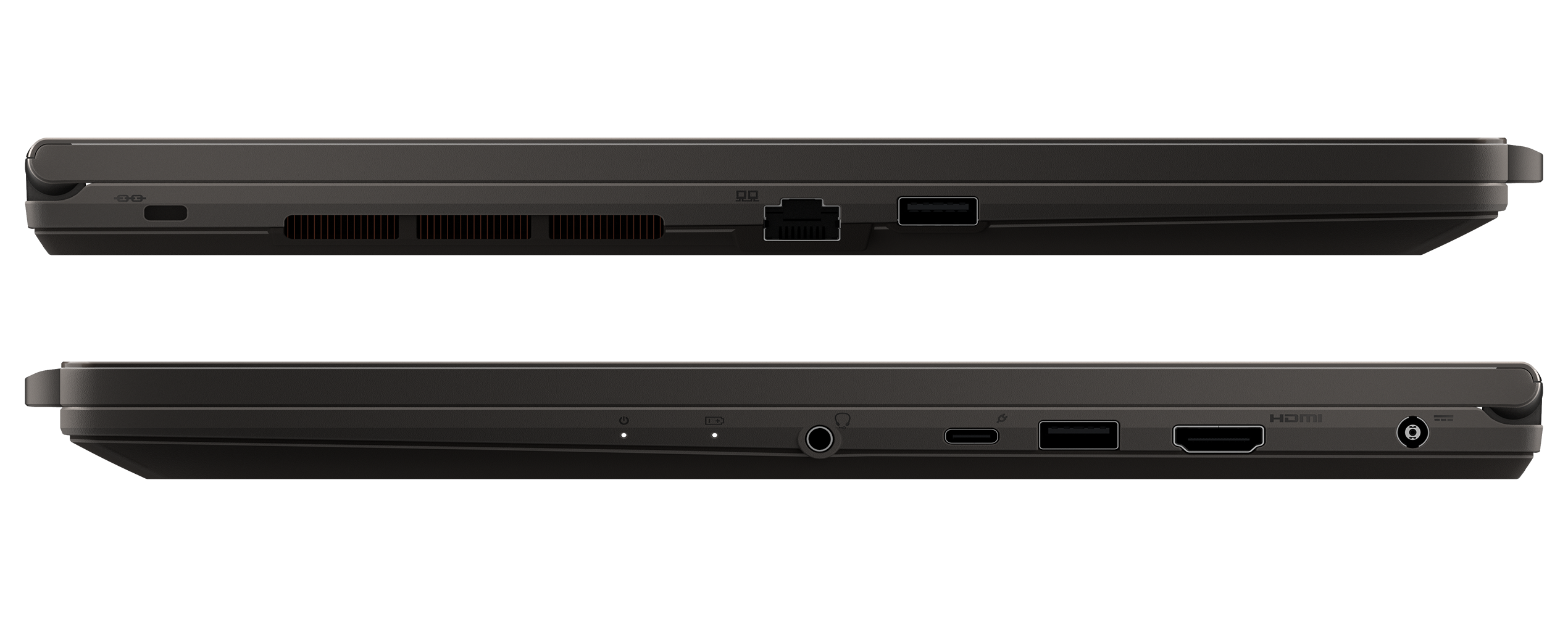Seitenansicht eines Laptops mit mehreren Anschlüssen. Oben Anschlüsse für Ethernet, USB. Unten Anschlüsse.