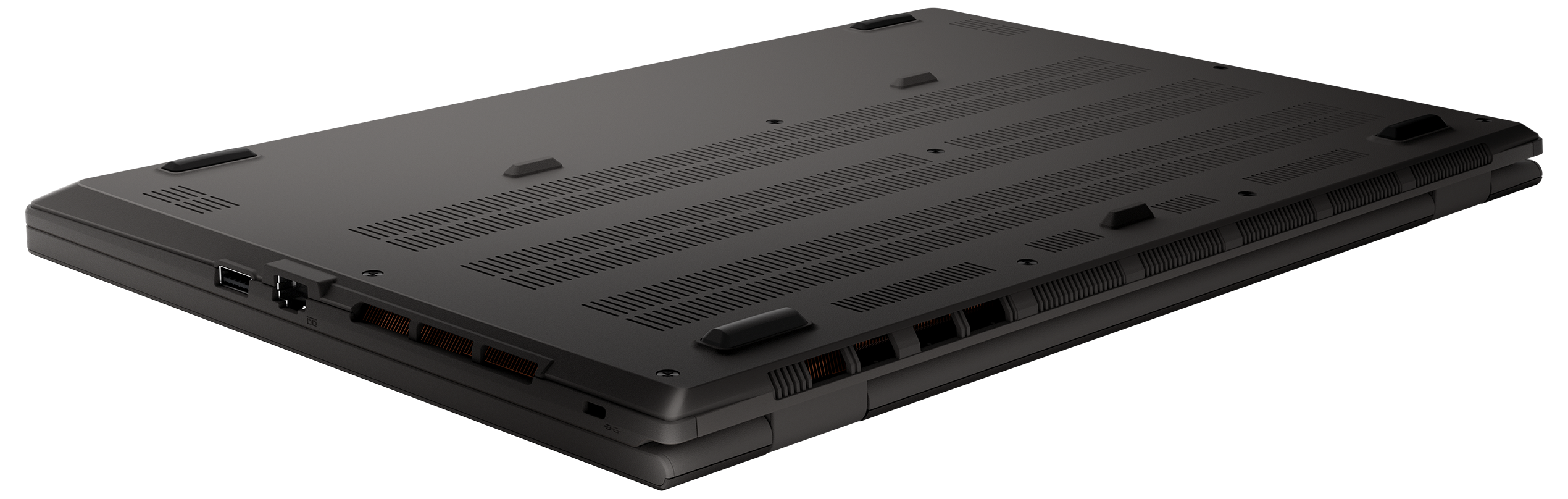 Unteransicht eines schwarzen Laptops mit Lüftungslöchern.