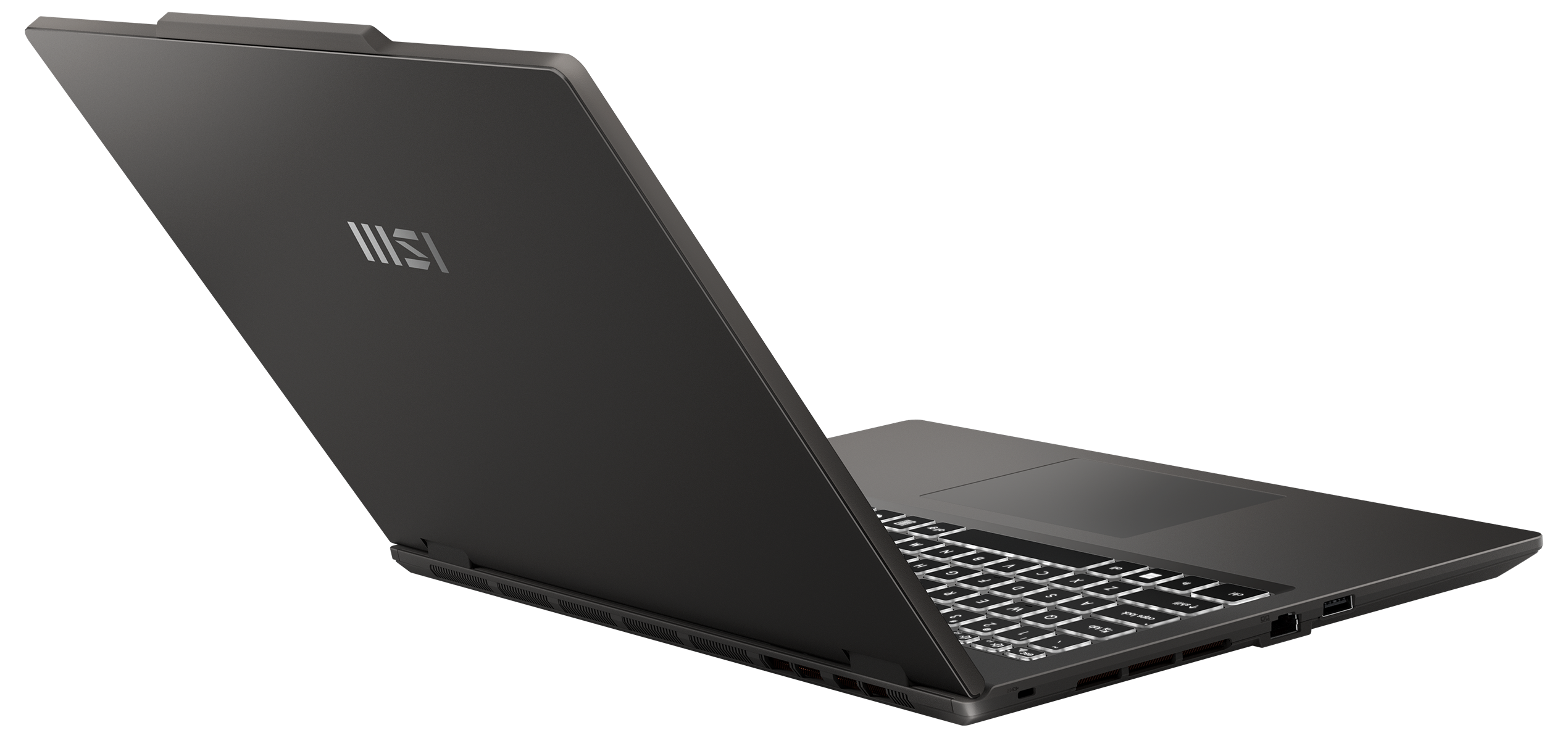 Schwarzer Laptop, teilweise geöffnet, zeigt die Tastatur und Anschlüsse.