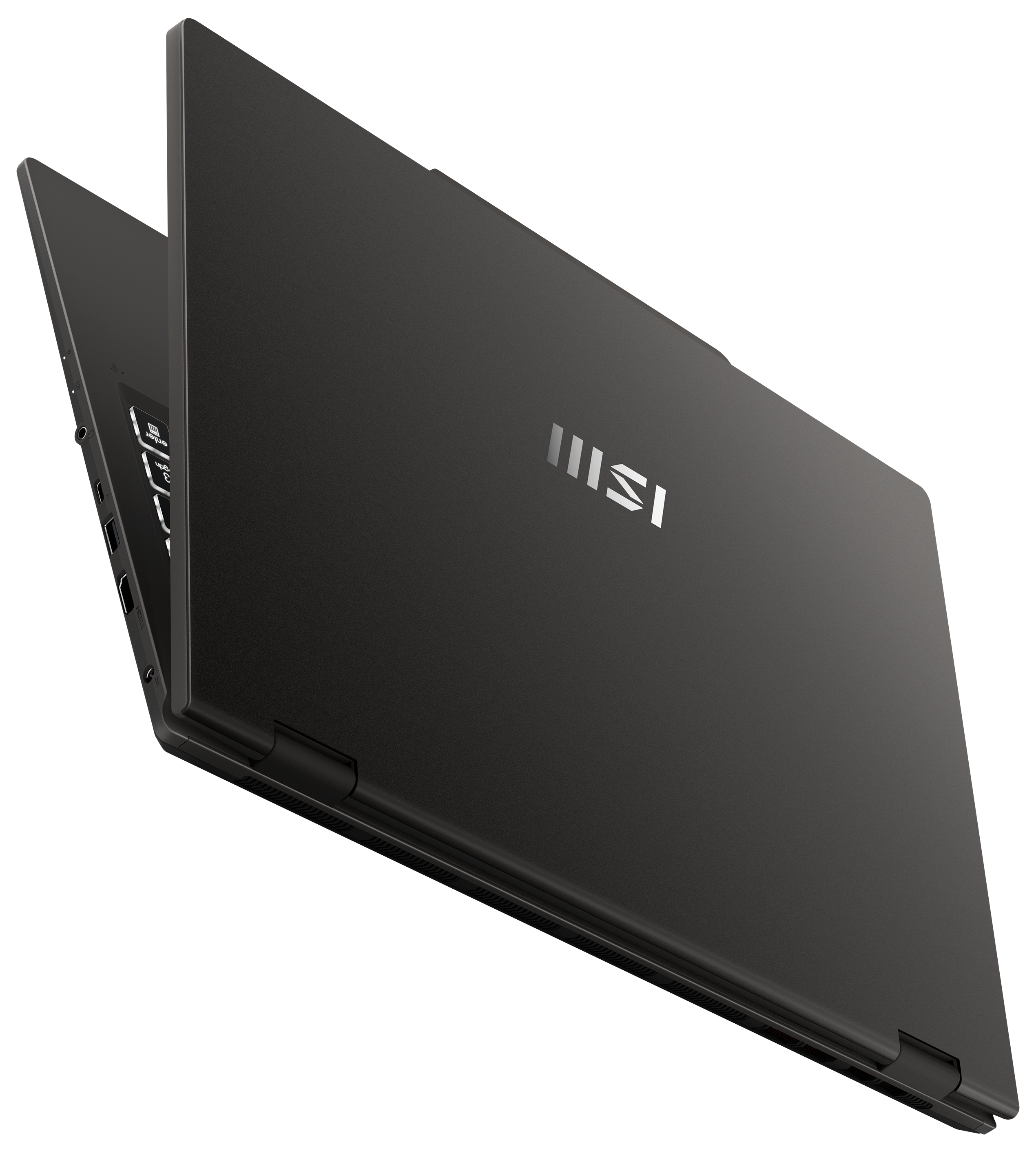 Ein schwarzer Laptop mit MSI-Logo ist geöffnet und von oben abgewinkelt.