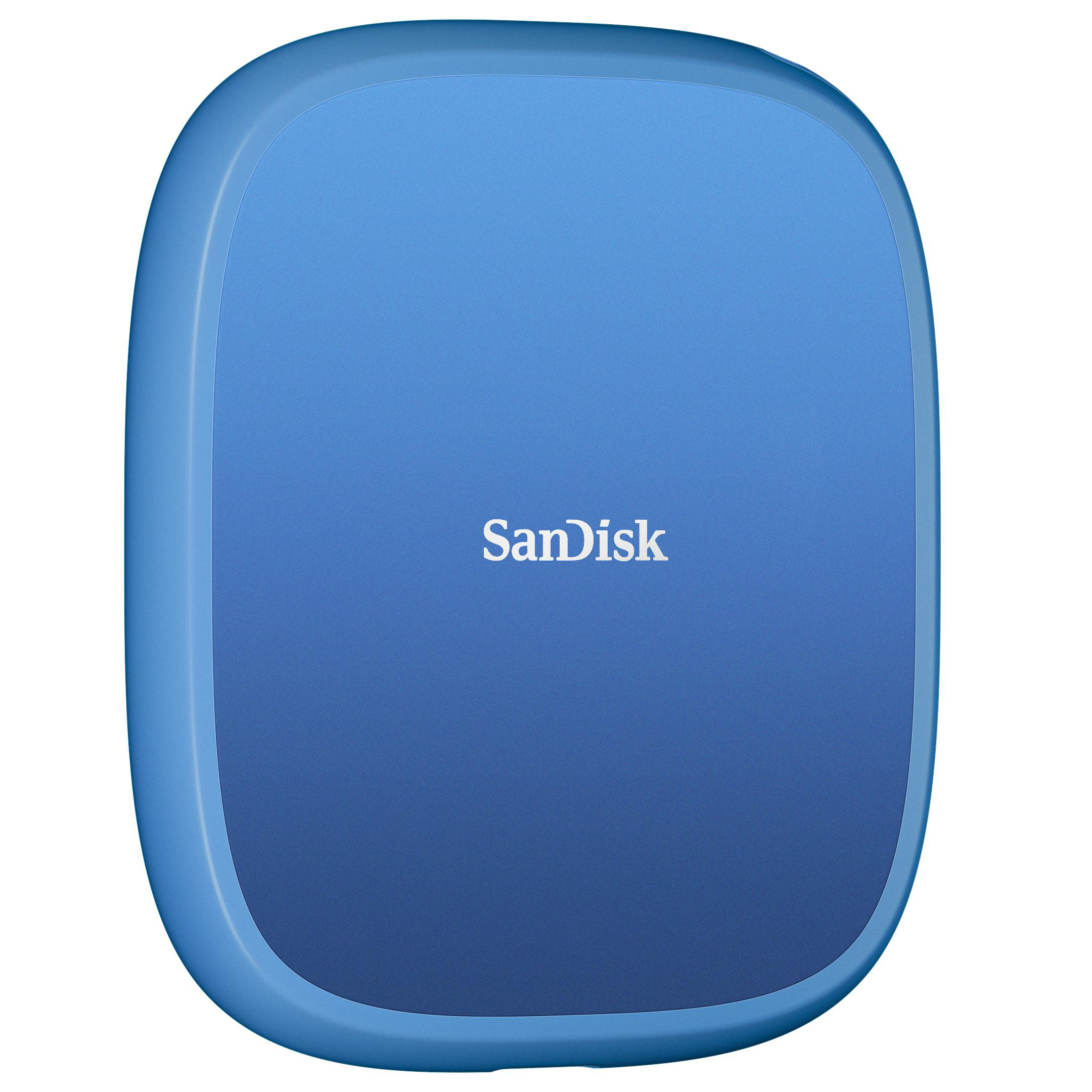 Eine blaue, abgerundete, quadratische externe Festplatte mit dem SanDisk-Logo.