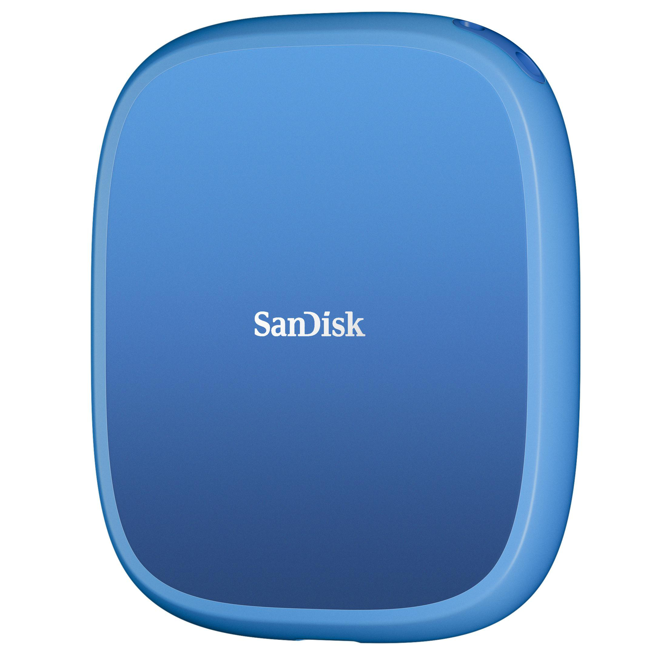 Eine blaue externe Festplatte von SanDisk mit dem Markennamen darauf.