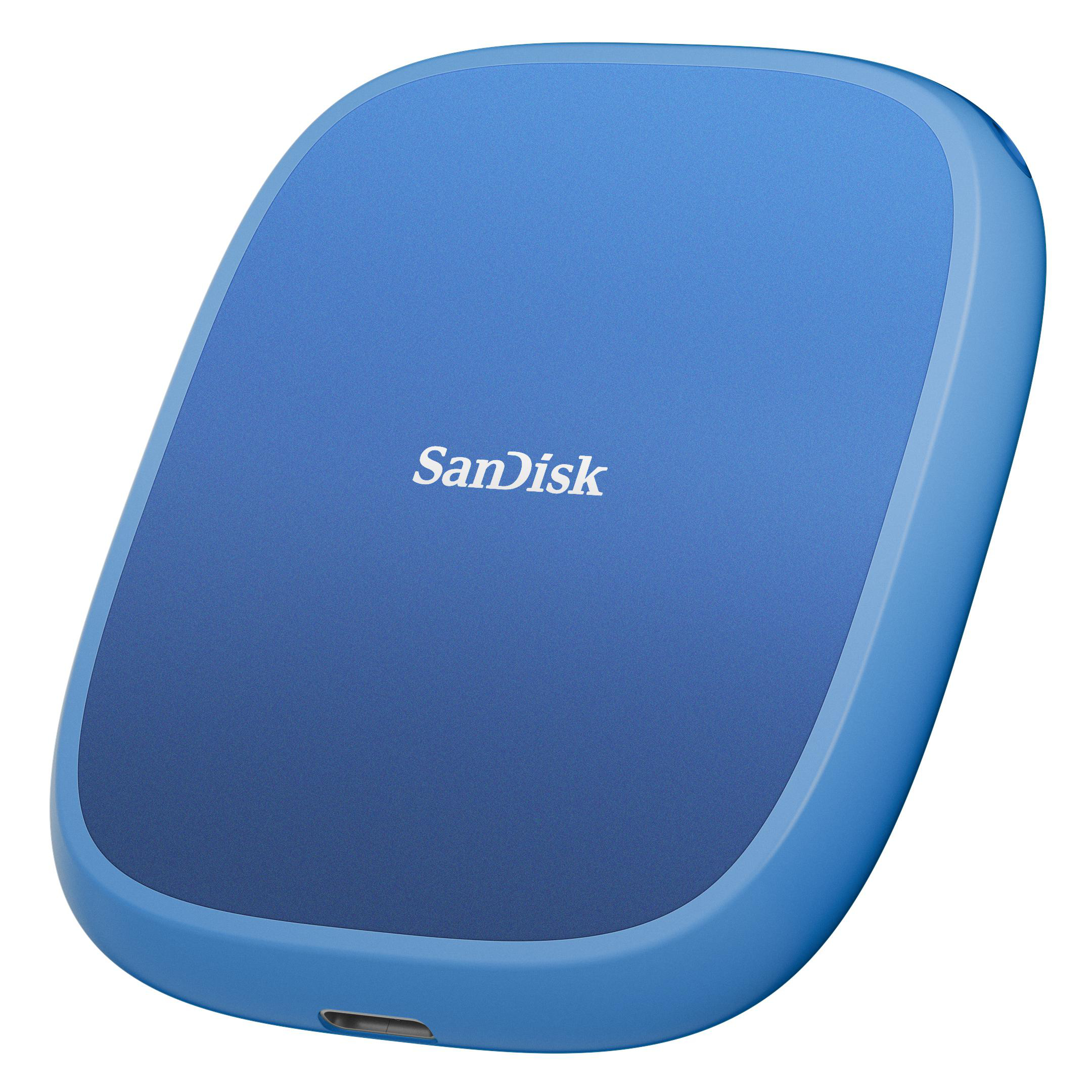 Blaue externe Festplatte von Sandisk. Abgerundete quadratische Form. Weißes Sandisk-Logo.