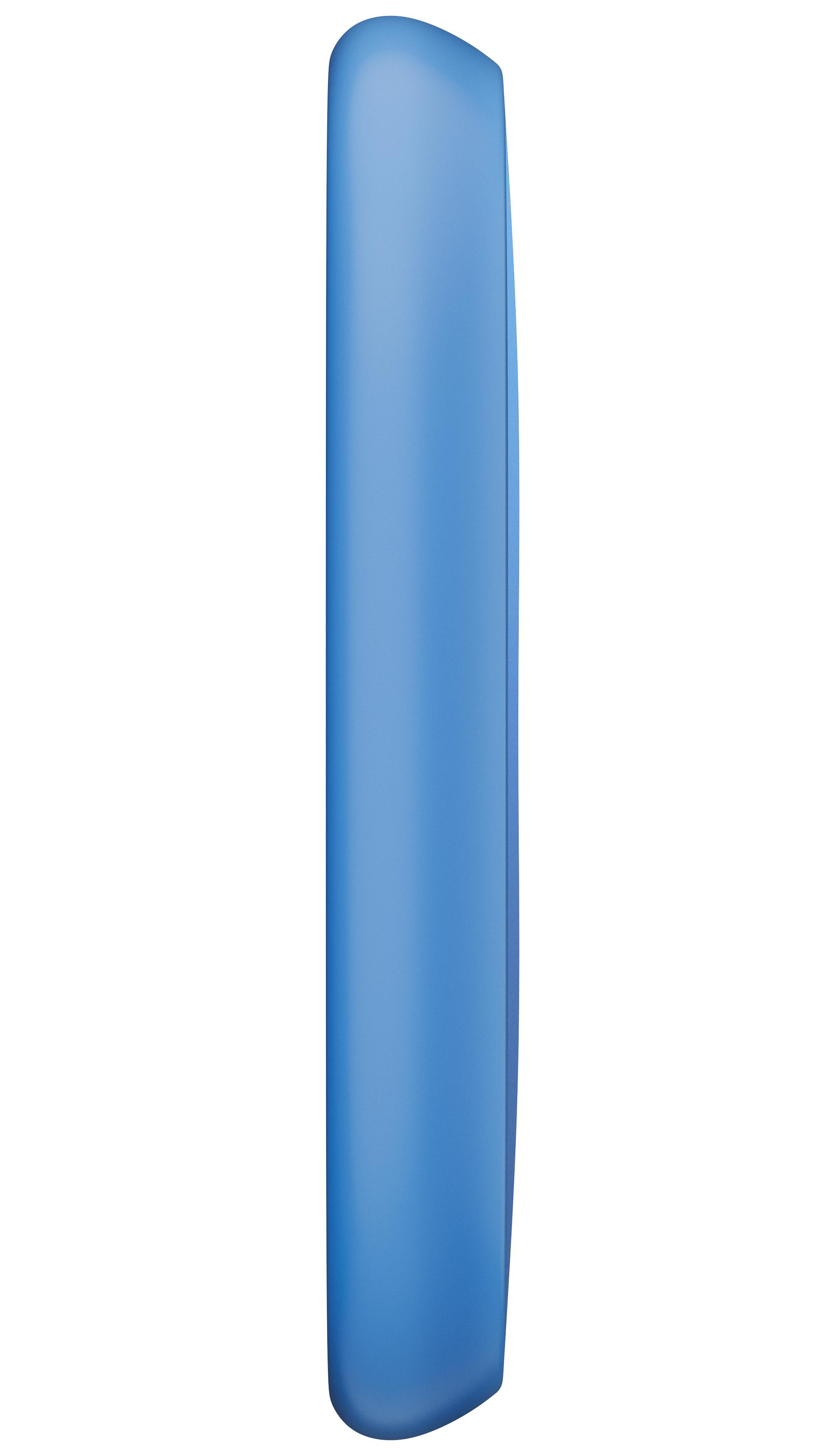 Eine blaue Telefonseitenansicht, schlank und vertikal, auf weißem Hintergrund.