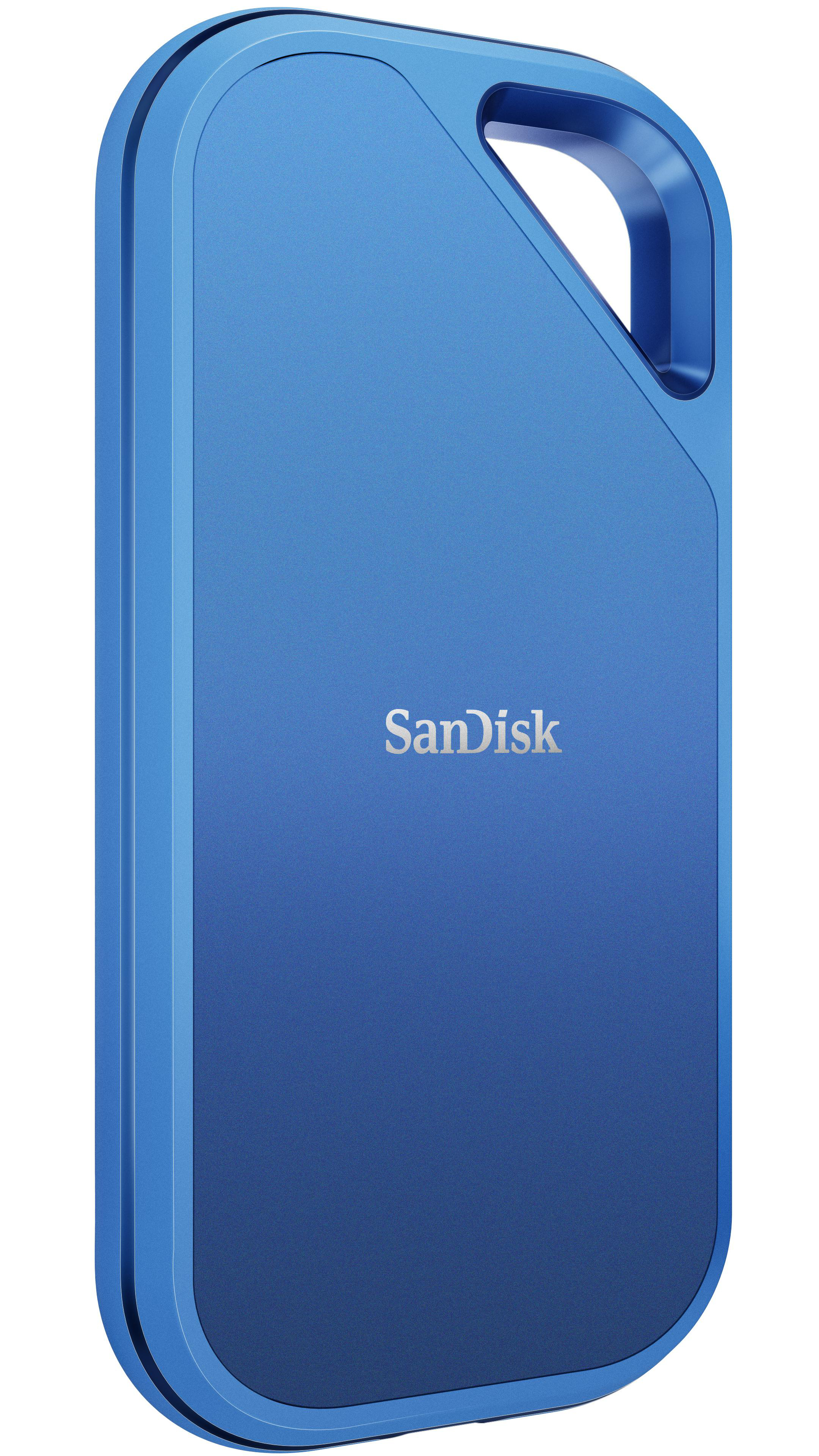 Ein blauer SanDisk USB-Stick mit einer Schlaufe für einen Schlüsselring.
