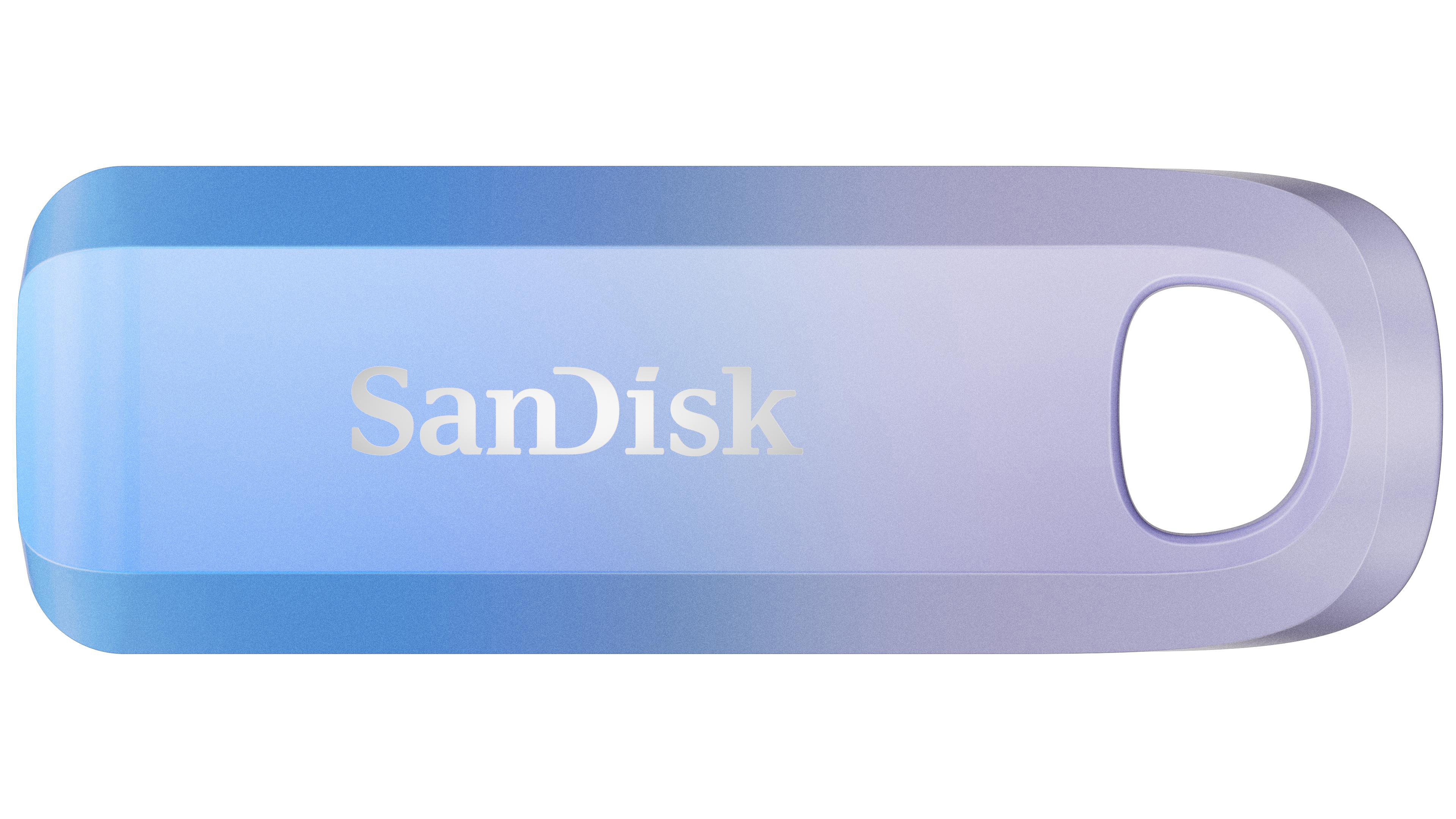 USB-Stick mit blau-violettem Farbverlauf, Sandisk-Logo, weißer Hintergrund.