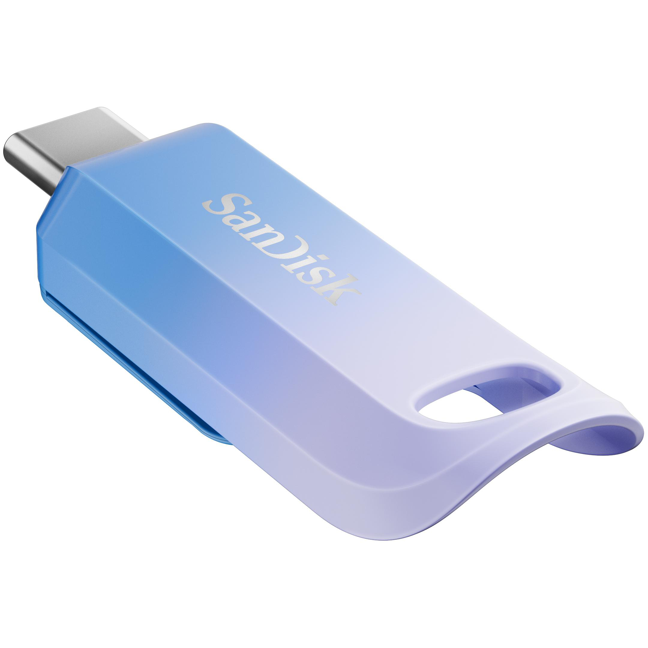 Blau-violetter SanDisk USB-Stick. Mit USB-C-Anschluss und Schlaufe für Schlüsselanhänger.