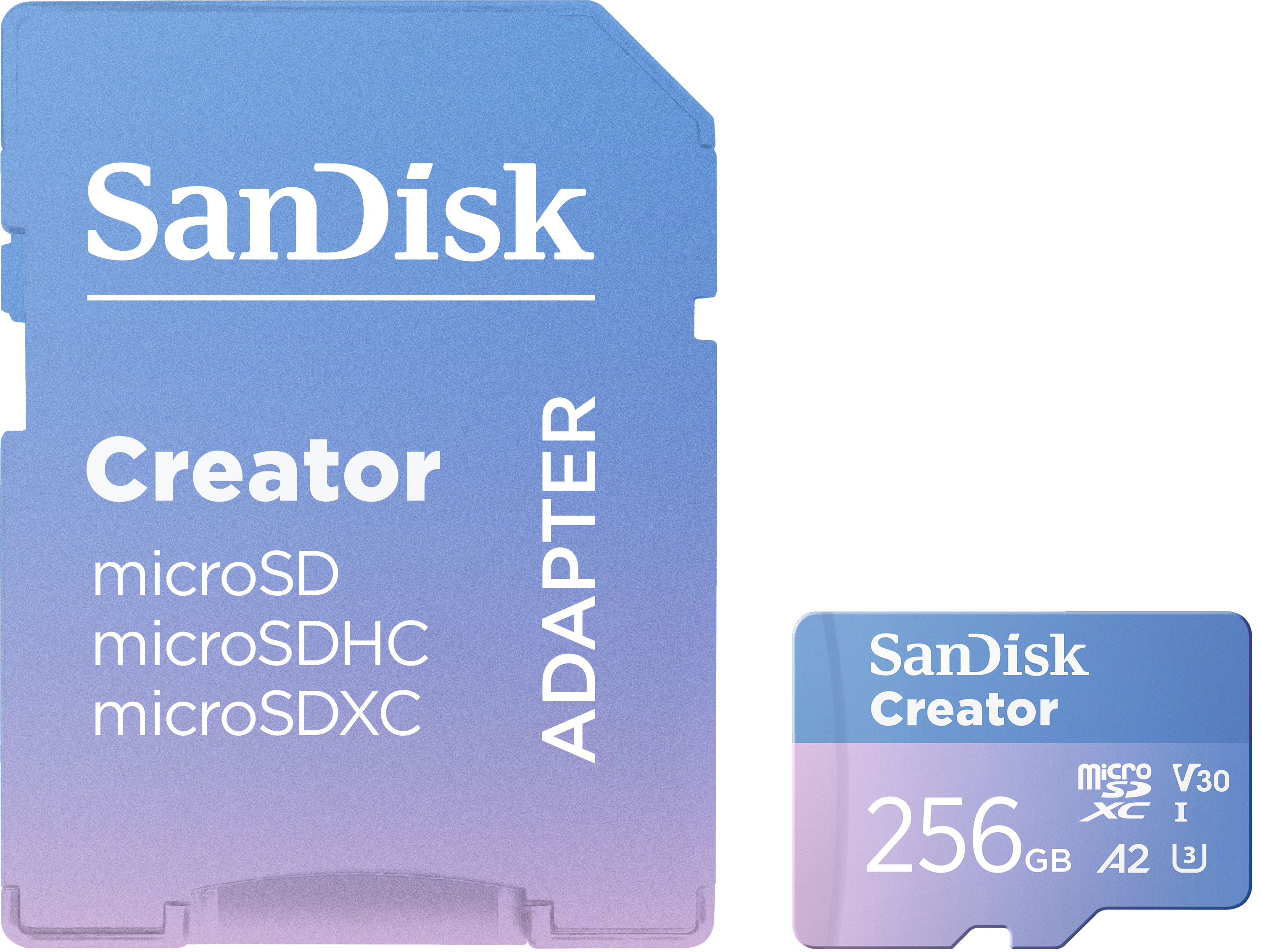 SanDisk Creator microSD-Karte und Adapter, blau und weiß, Text 'SanDisk Creator'.