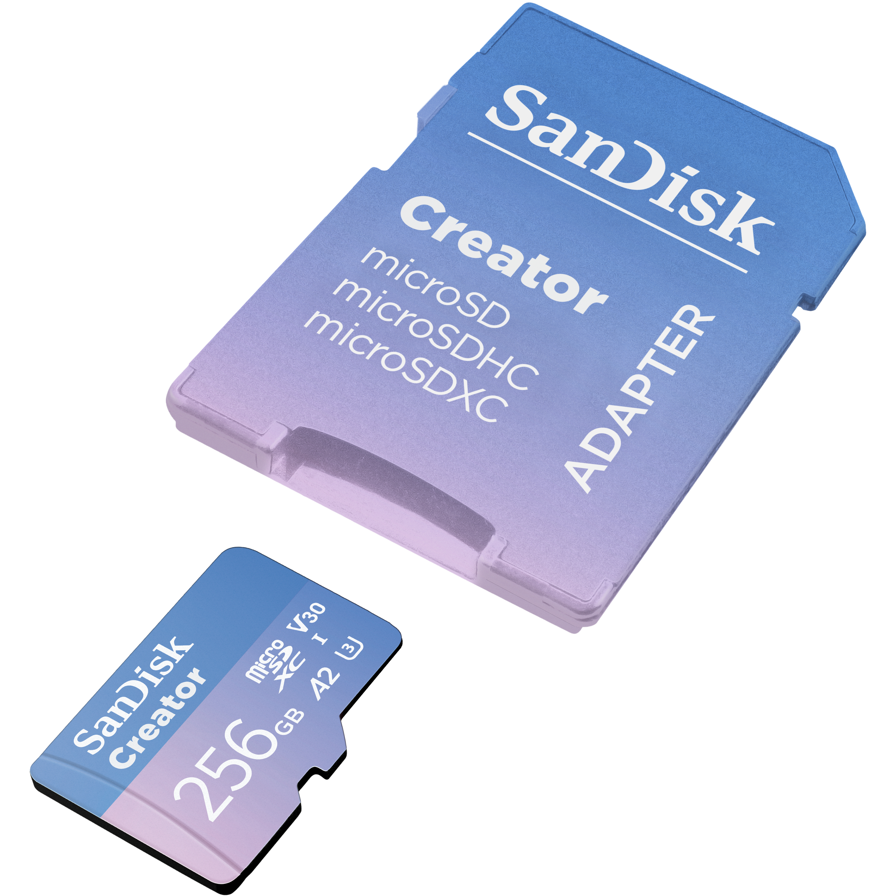 Zwei SanDisk Creator microSD-Karten. Eine befindet sich in einem Adapter. Die andere ist eine 256 GB microSD-Karte.