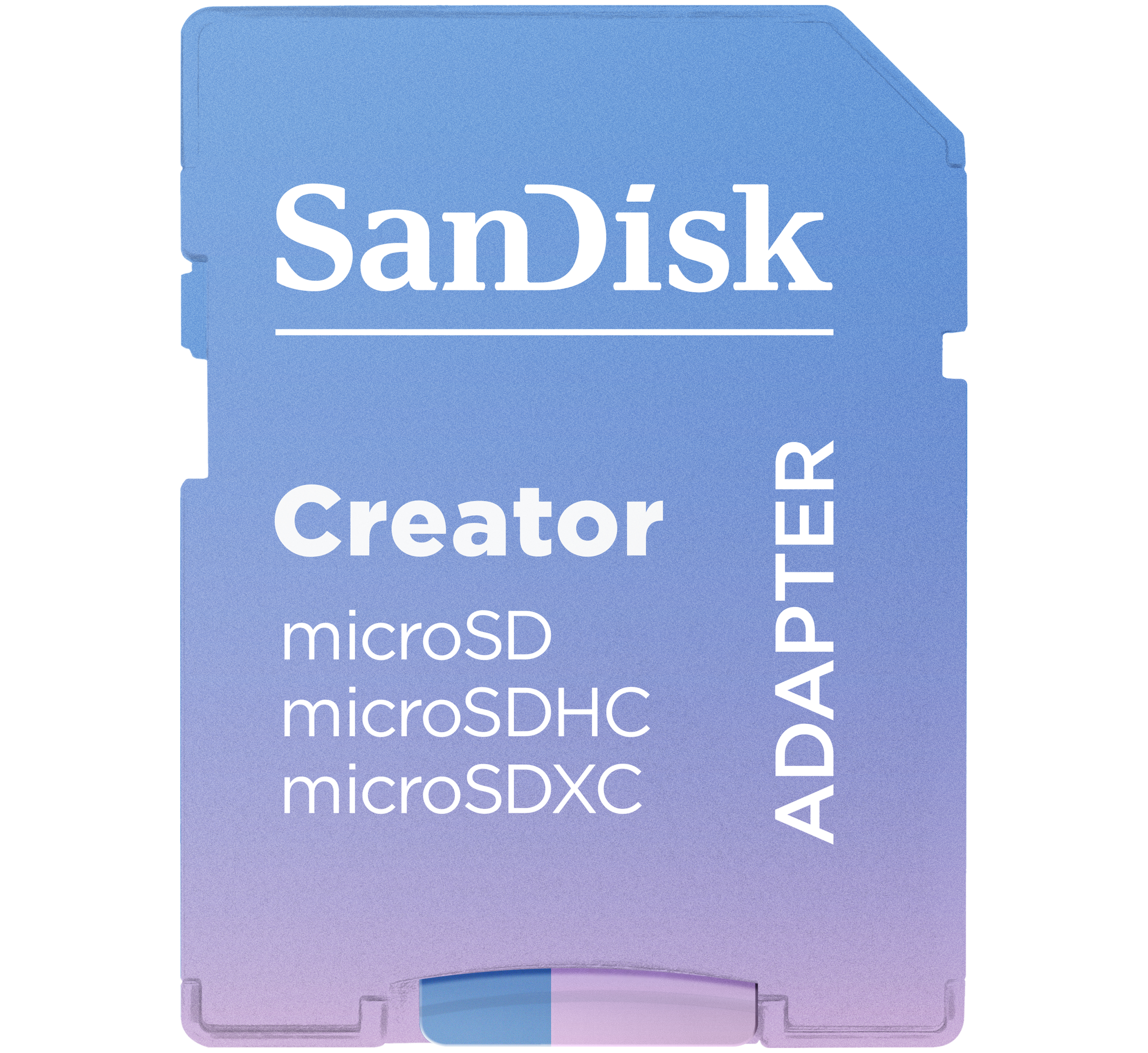Sandisk Creator microSD-Kartenadapter mit Text und Logo auf blau-violettem Farbverlaufshintergrund.
