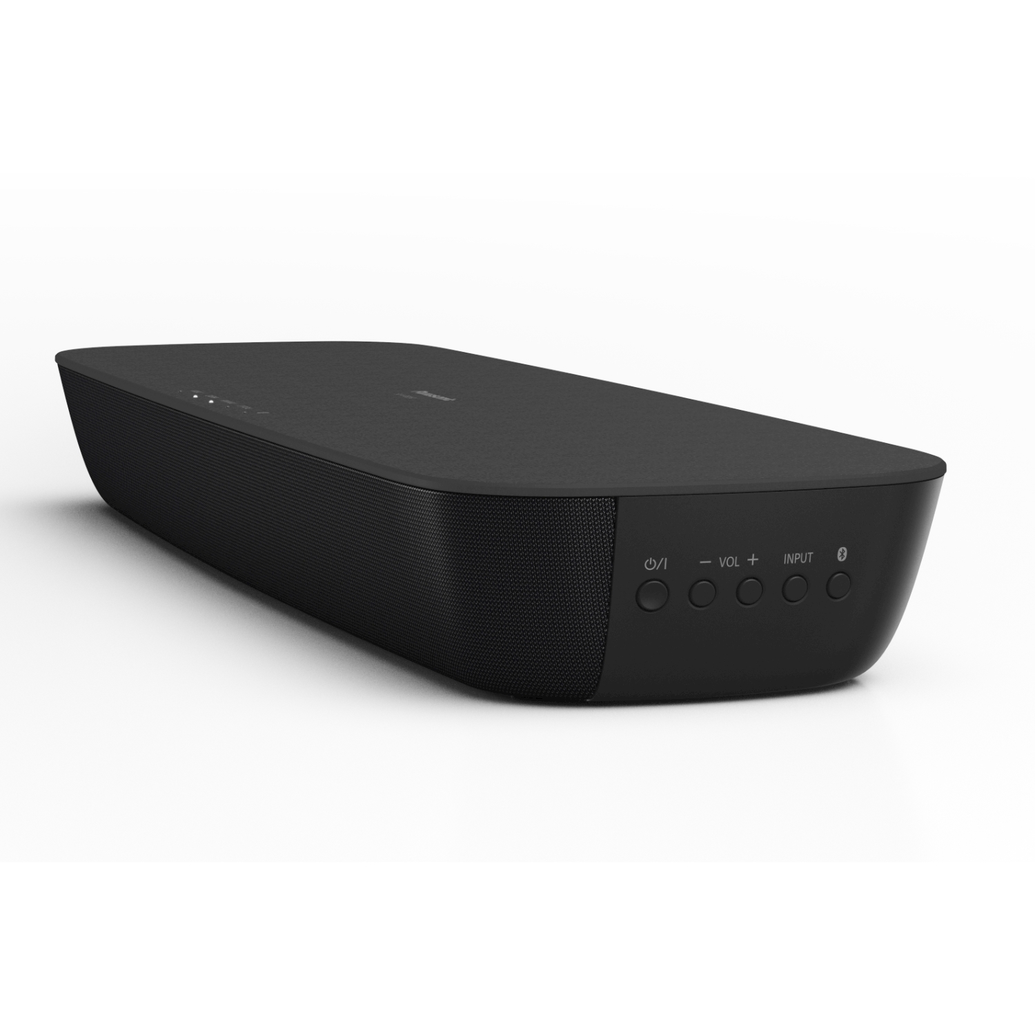 Una soundbar nera su una superficie bianca. L'altoparlante ha una parte anteriore arrotondata con pulsanti e una griglia a rete.