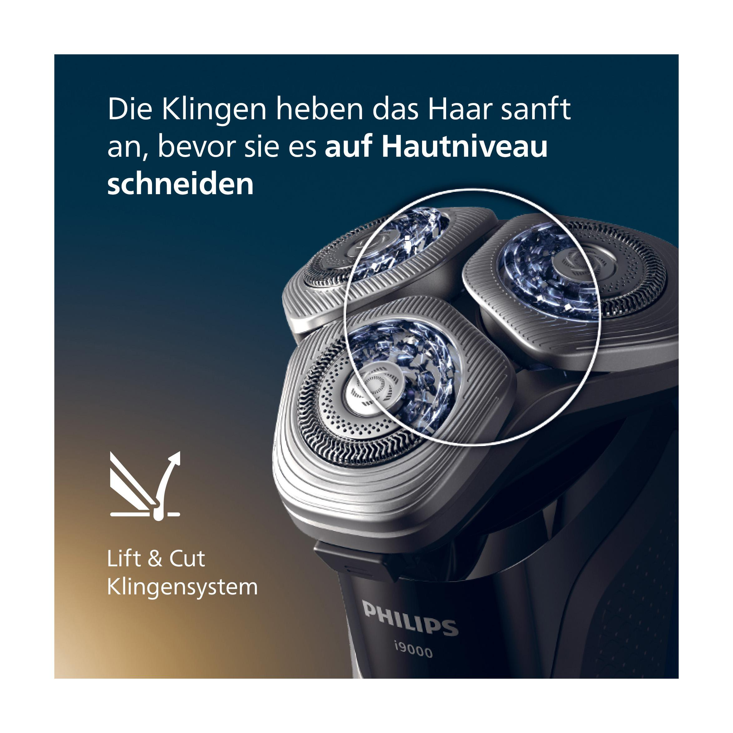 Nahaufnahme eines Herrenrasierers mit drei rotierenden Köpfen, die die Schneidwirkung veranschaulichen.