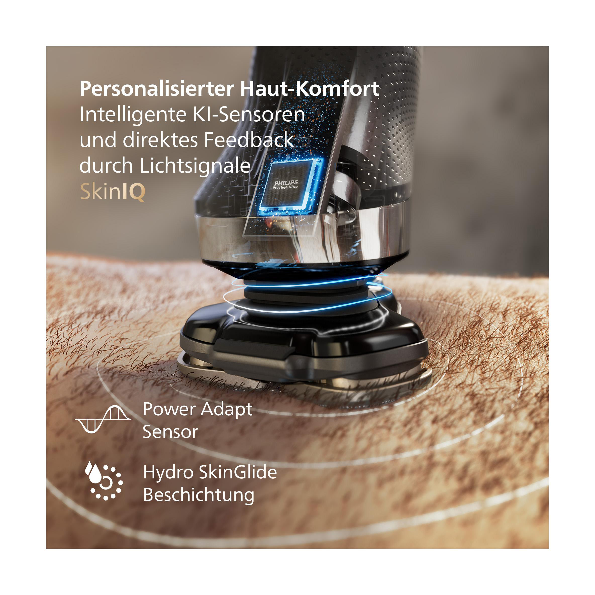 Nahaufnahme eines schwarzen Elektrorasierers auf einem behaarten Arm. Text beschreibt Funktionen und Technologie.