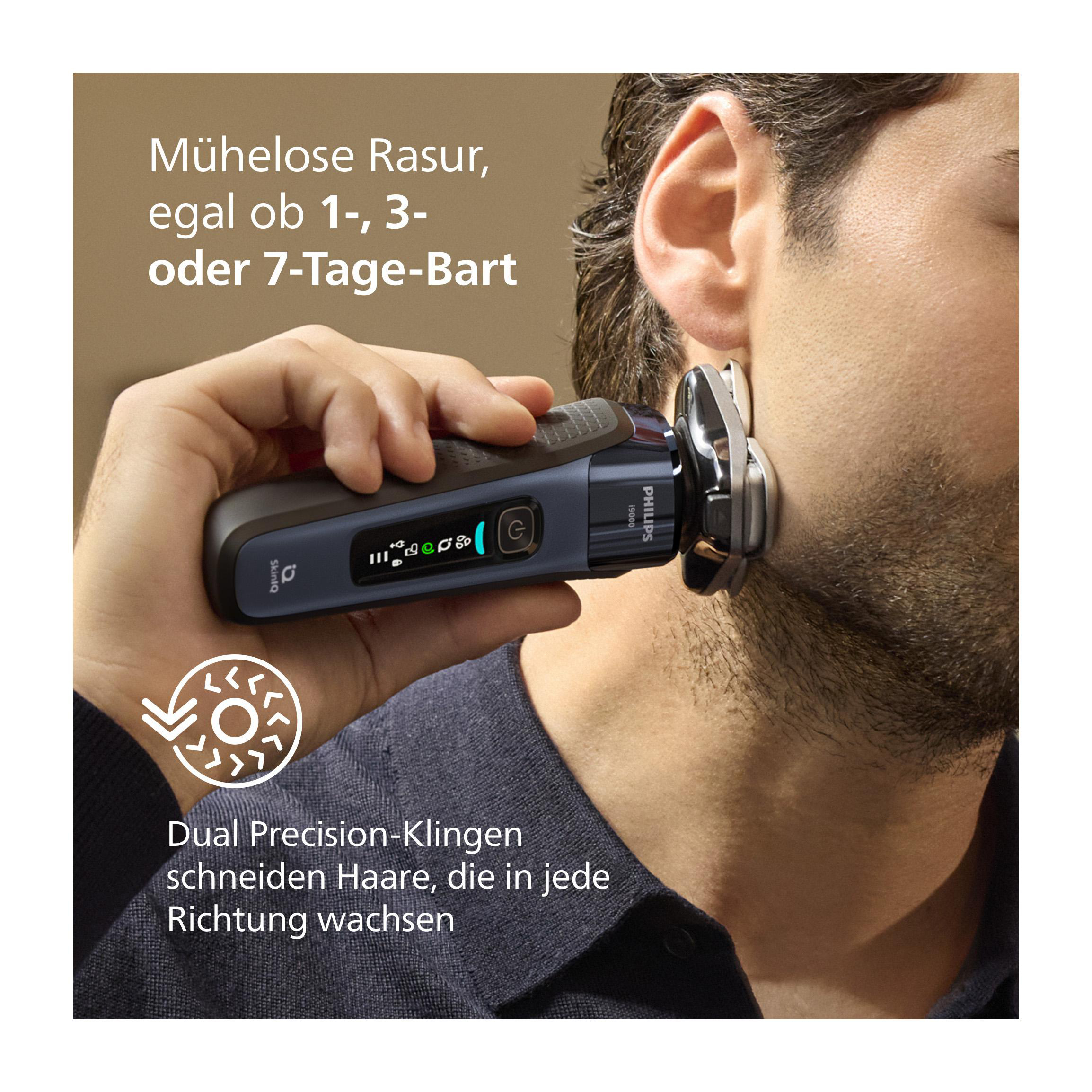 Mann rasiert sich mit einem schwarz-blauen Elektrorasierer. Text auf der linken Seite.
