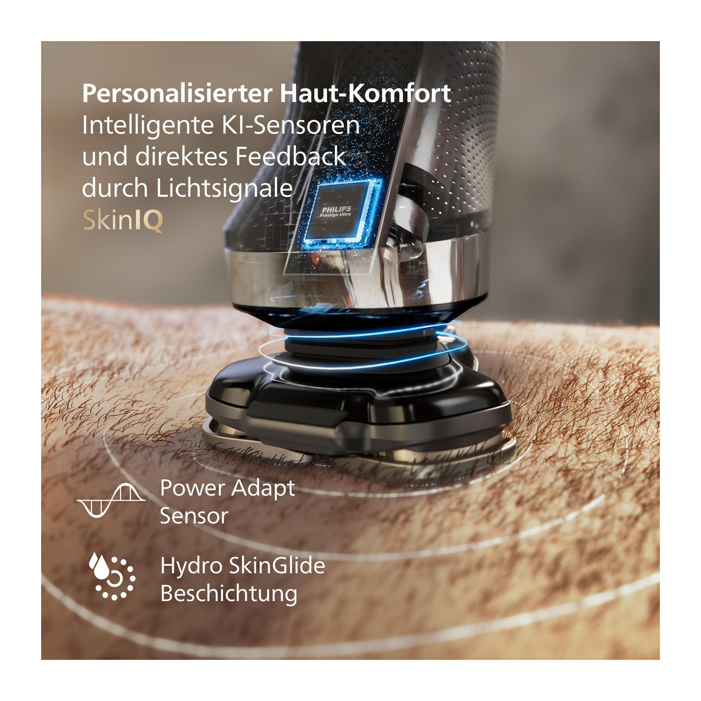 Ein Rasierer mit SkinIQ-Technologie, Leistungssensor und Hydro SkinGlide.