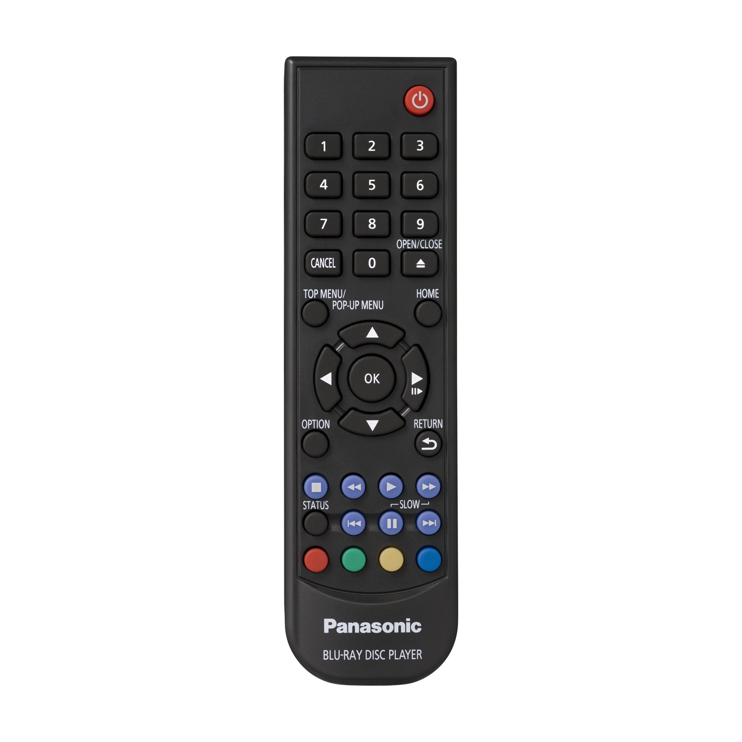 Un telecomando nero con molti pulsanti, etichettato per un lettore Blu-ray.