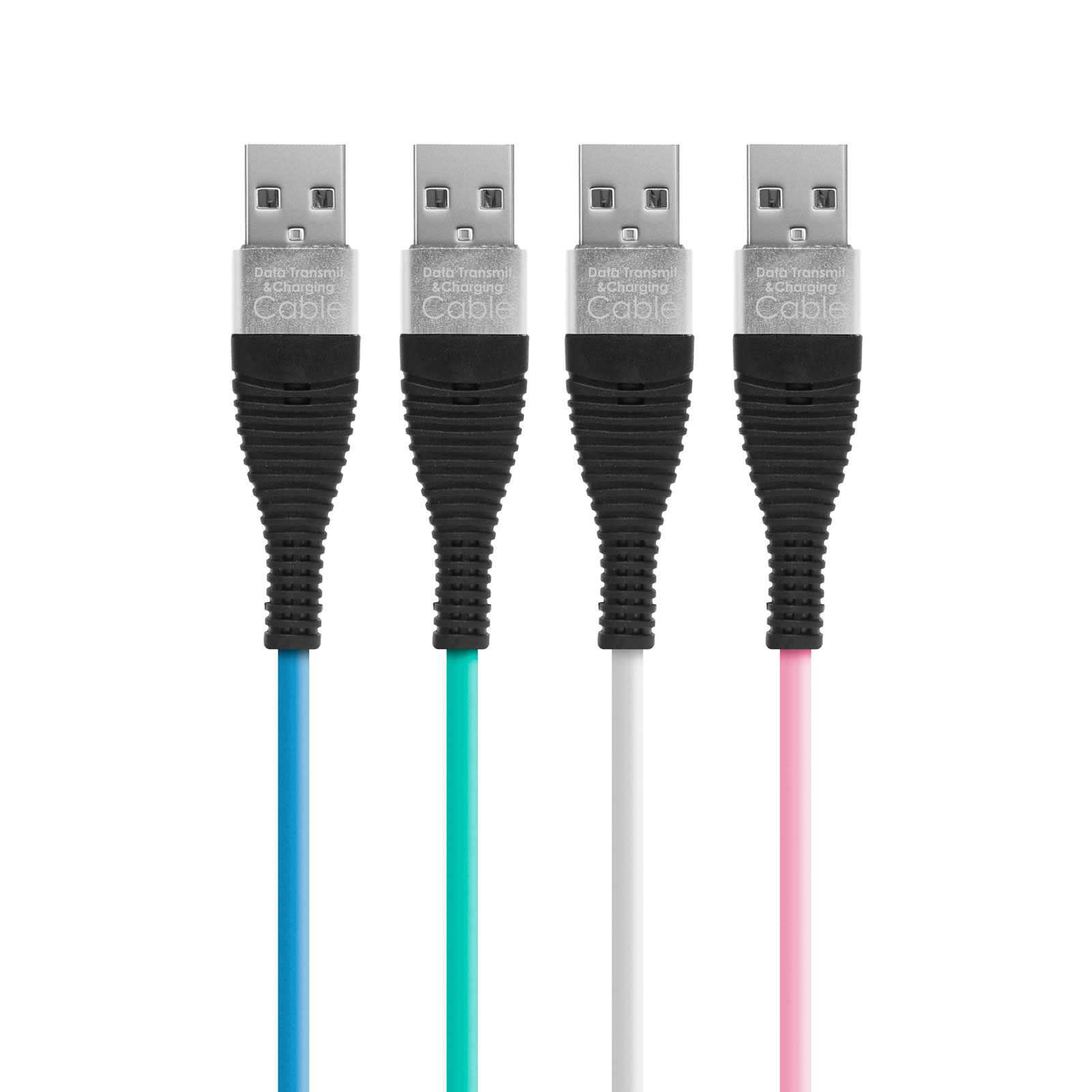 Négy USB kábel. Kék, zöld, fehér és rózsaszín, fekete részletekkel.