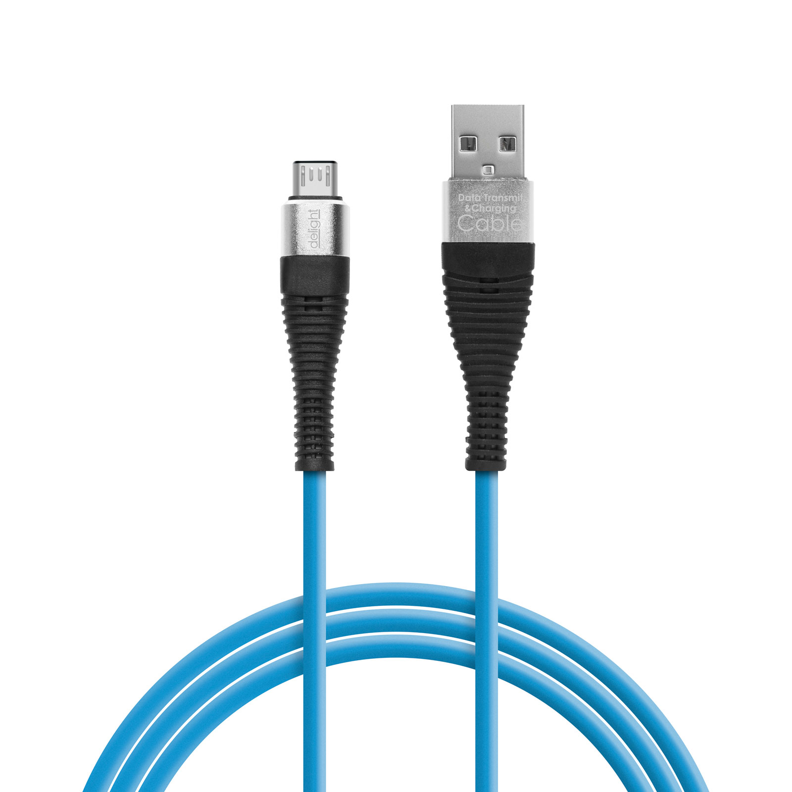 Kék USB-kábel két különböző csatlakozóval, fehér háttéren.