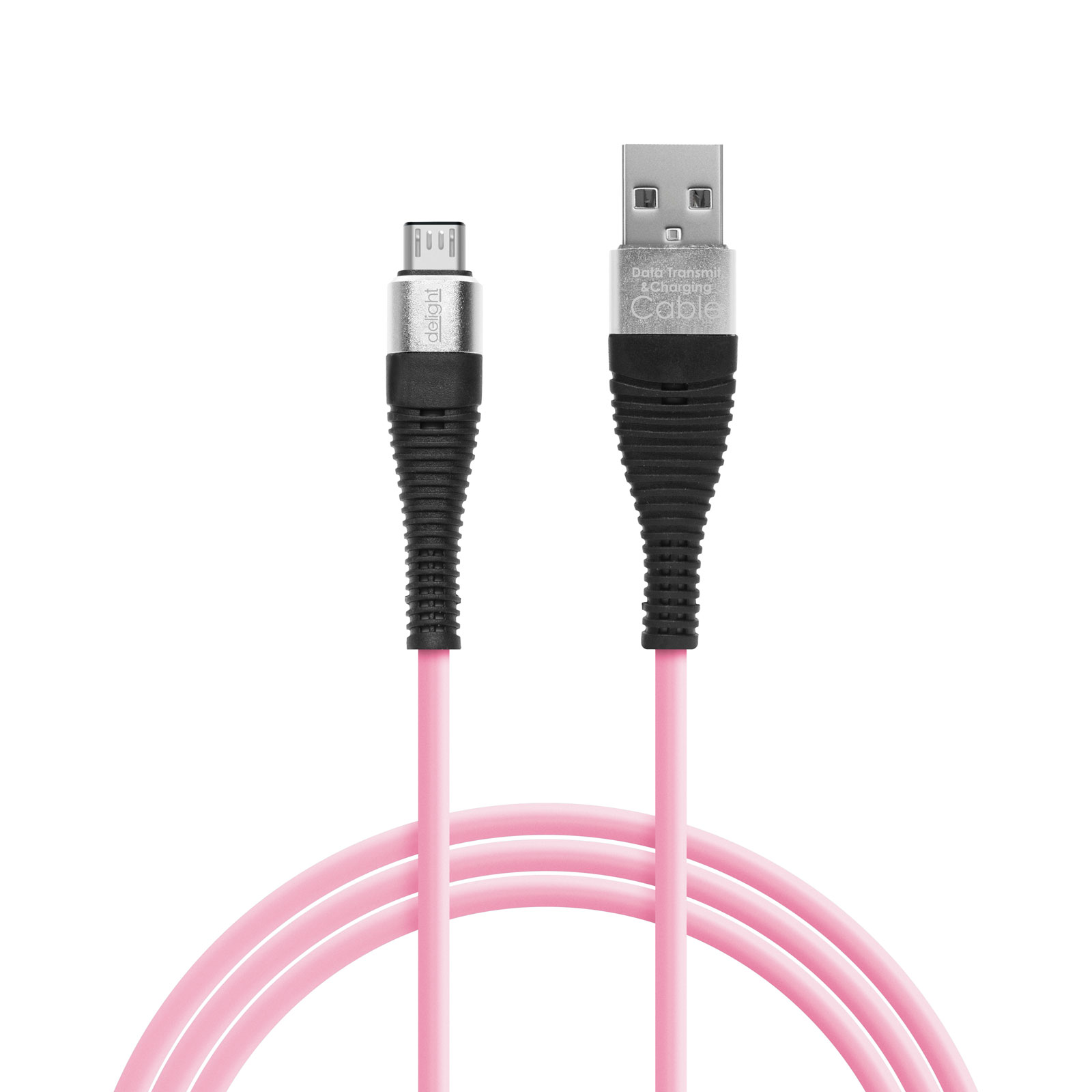Rózsaszín USB kábel mikro és standard csatlakozókkal. Fehér háttér.