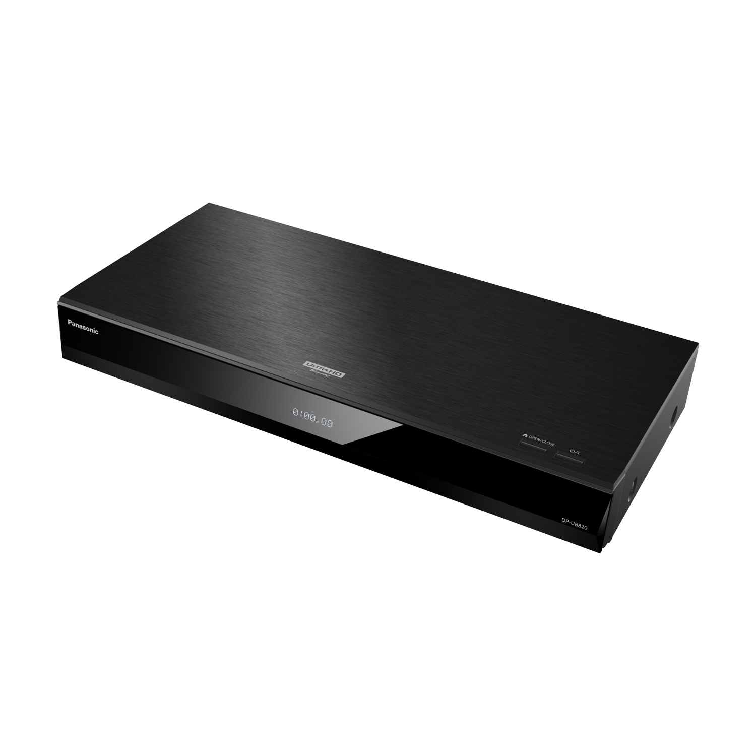 Un lettore Blu-ray nero con un display che mostra 0:00:00 su uno sfondo bianco.