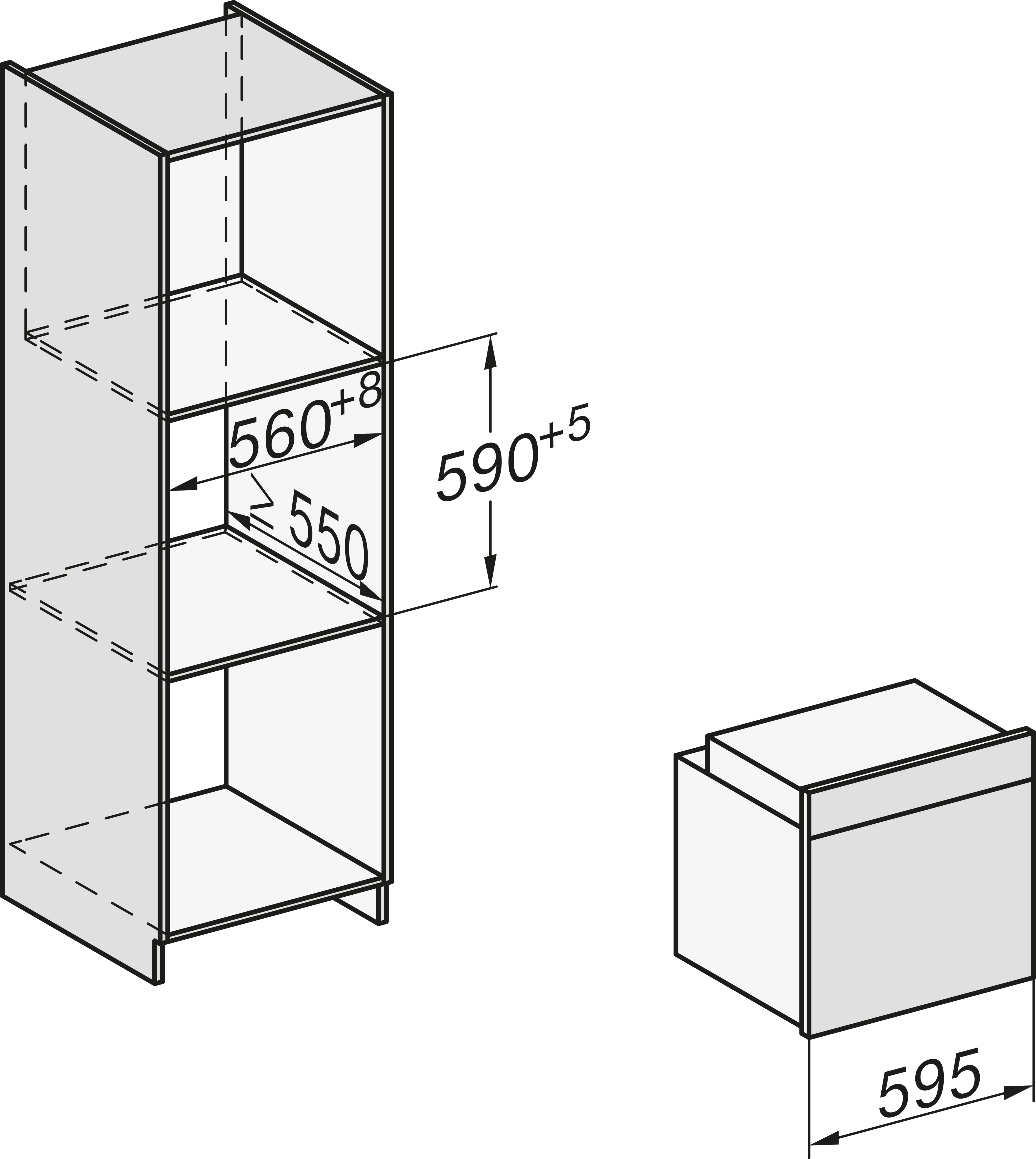 Diagramm mit den Abmessungen von Einbauküchengeräten mit Zahlen.