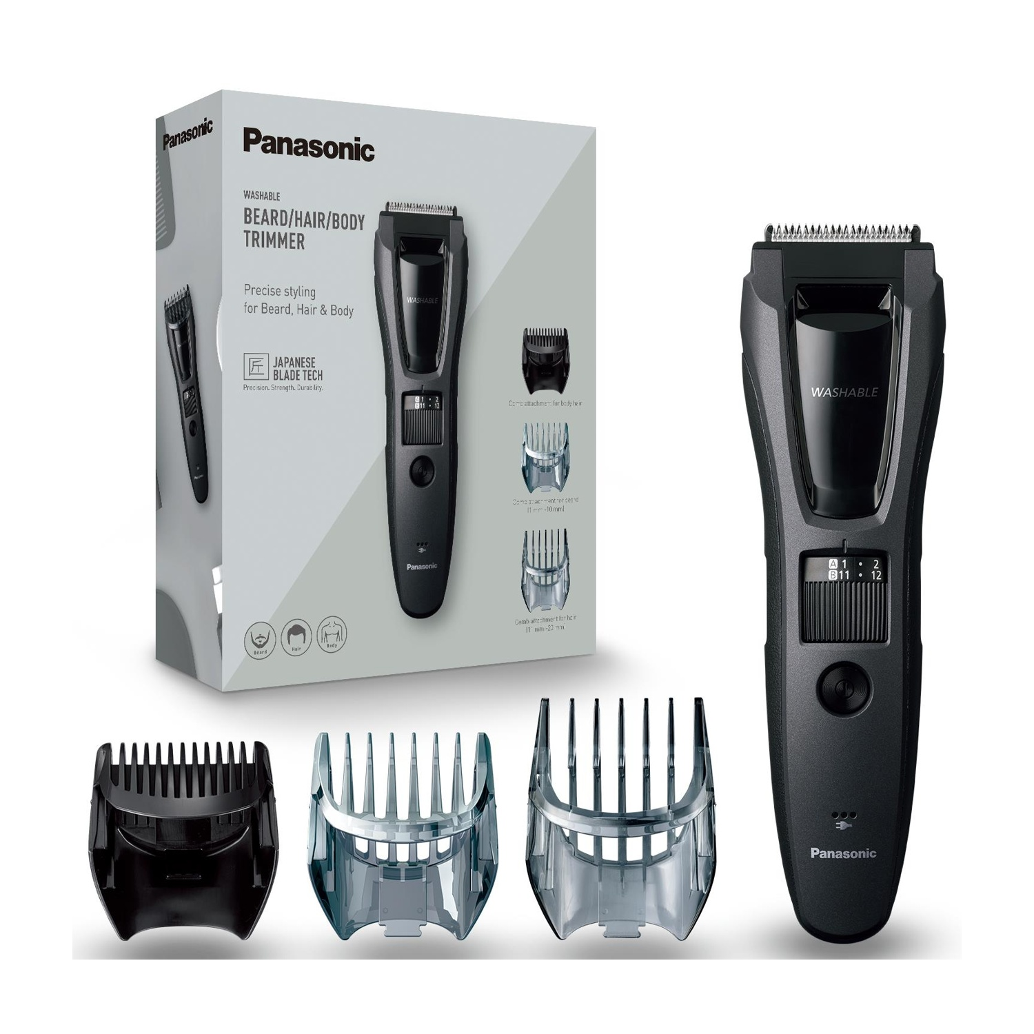 Scatola tagliacapelli/barba/corpo Panasonic con accessori. Primo piano del tagliacapelli e degli accessori.