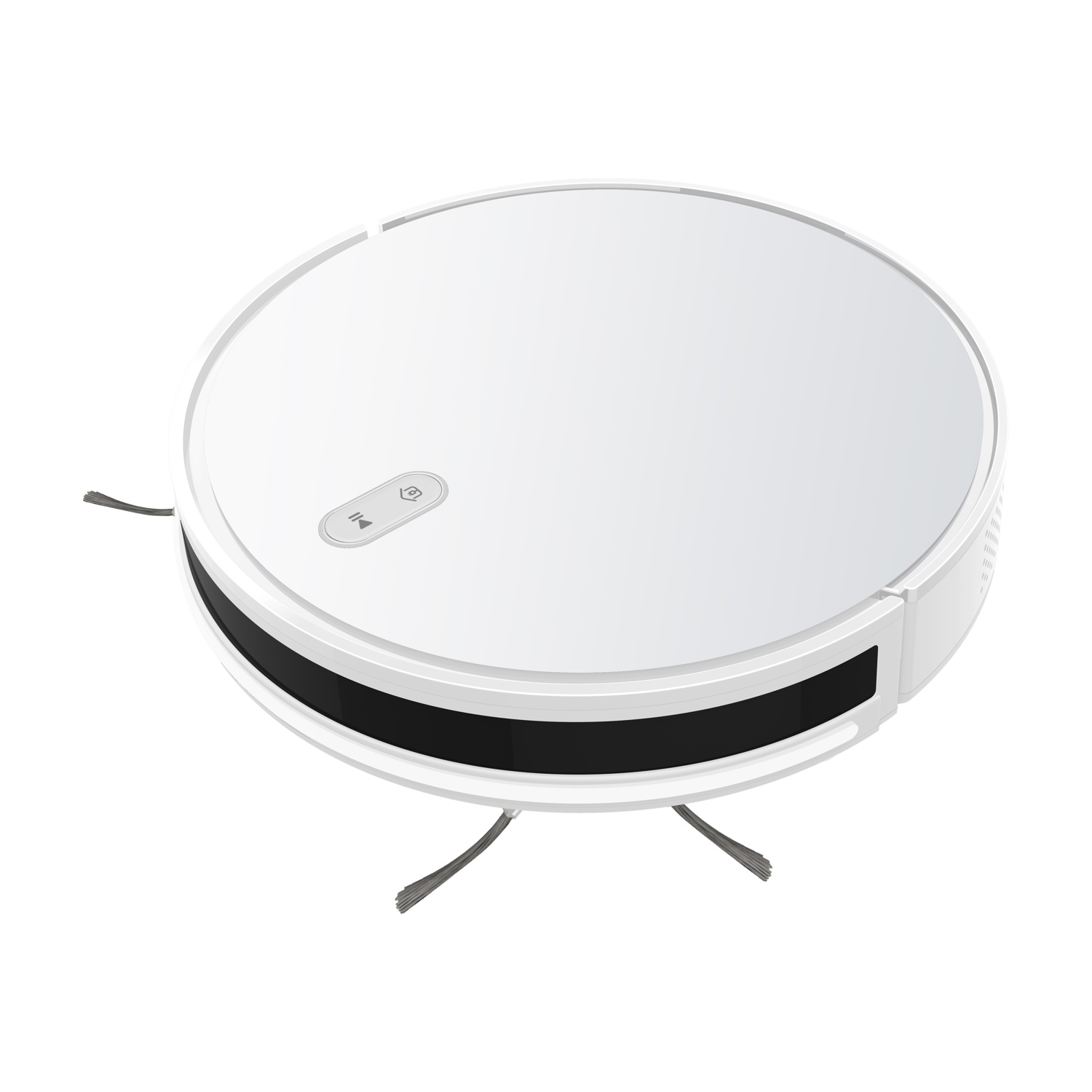 Un aspirapolvere robotico bianco. Ha una forma rotonda, una striscia nera e spazzole laterali. I pulsanti sono visibili sulla parte superiore.