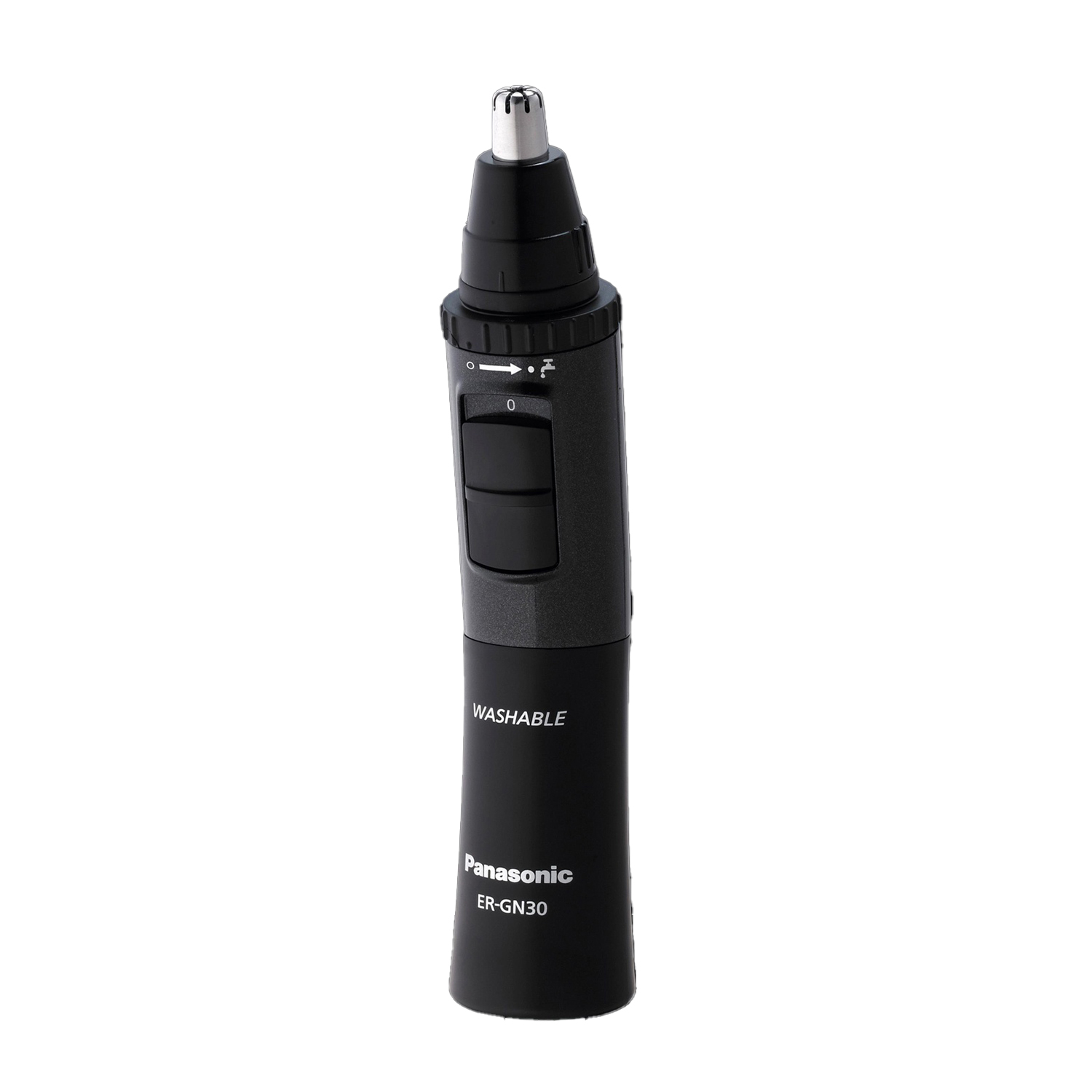 Tagliacapelli nero per naso con quadrante e scritta 'Washable'.