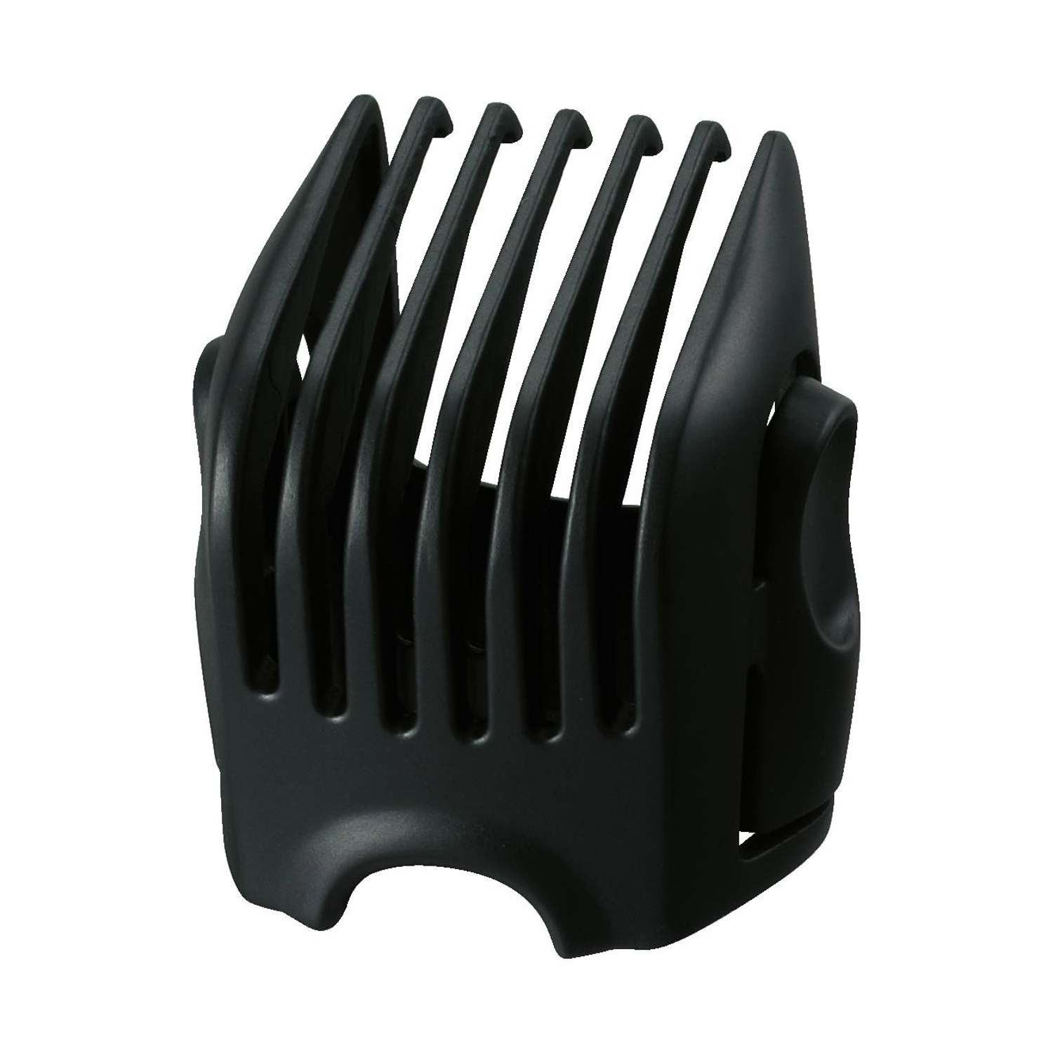 Accessorio per tagliacapelli nero con diverse creste a forma di dente. È una protezione a forma di pettine per il tagliacapelli.