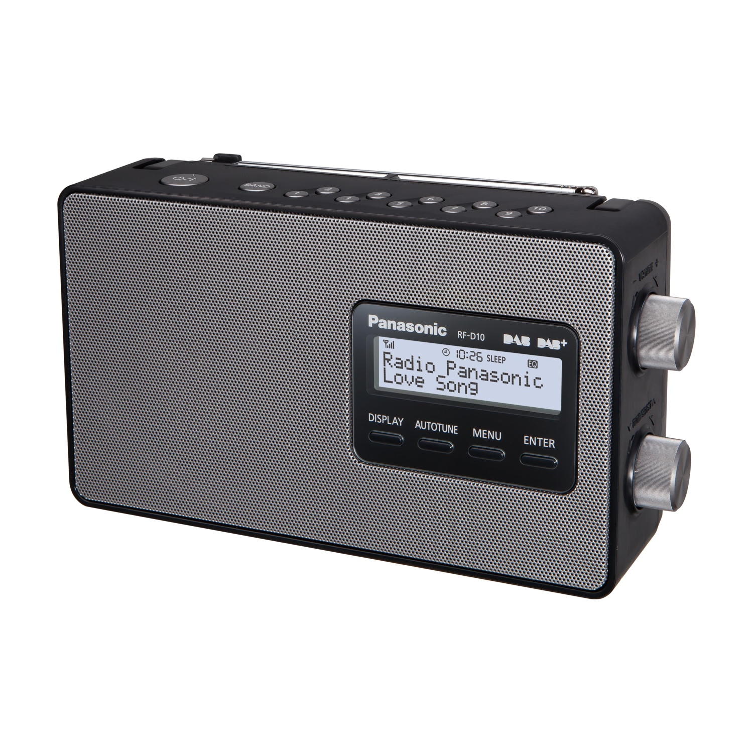 Radio Panasonic nera e argento. Il display e le manopole di controllo sono visibili.