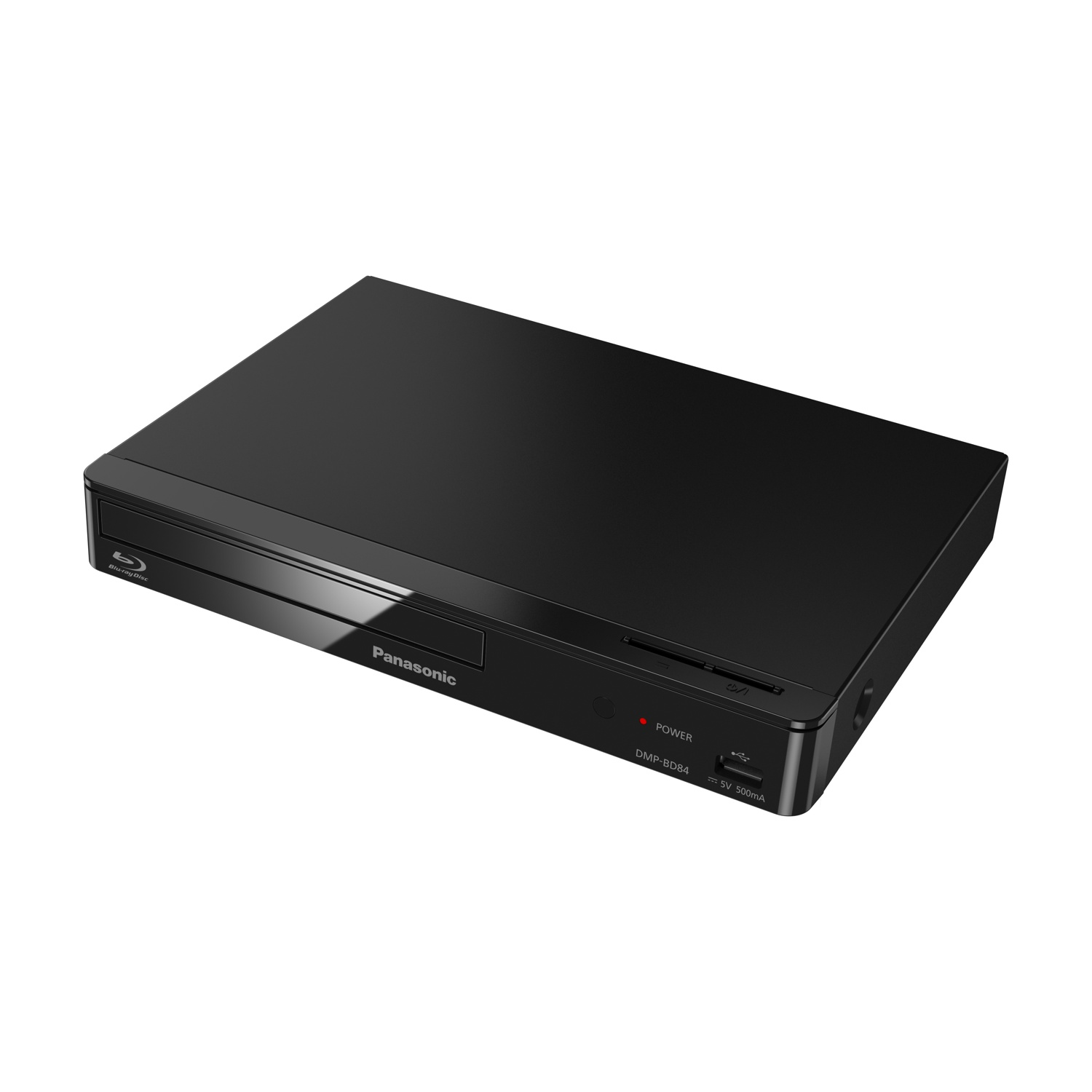 Lettore Blu-ray Panasonic nero su sfondo bianco, con dettagli di alimentazione e vassoio.