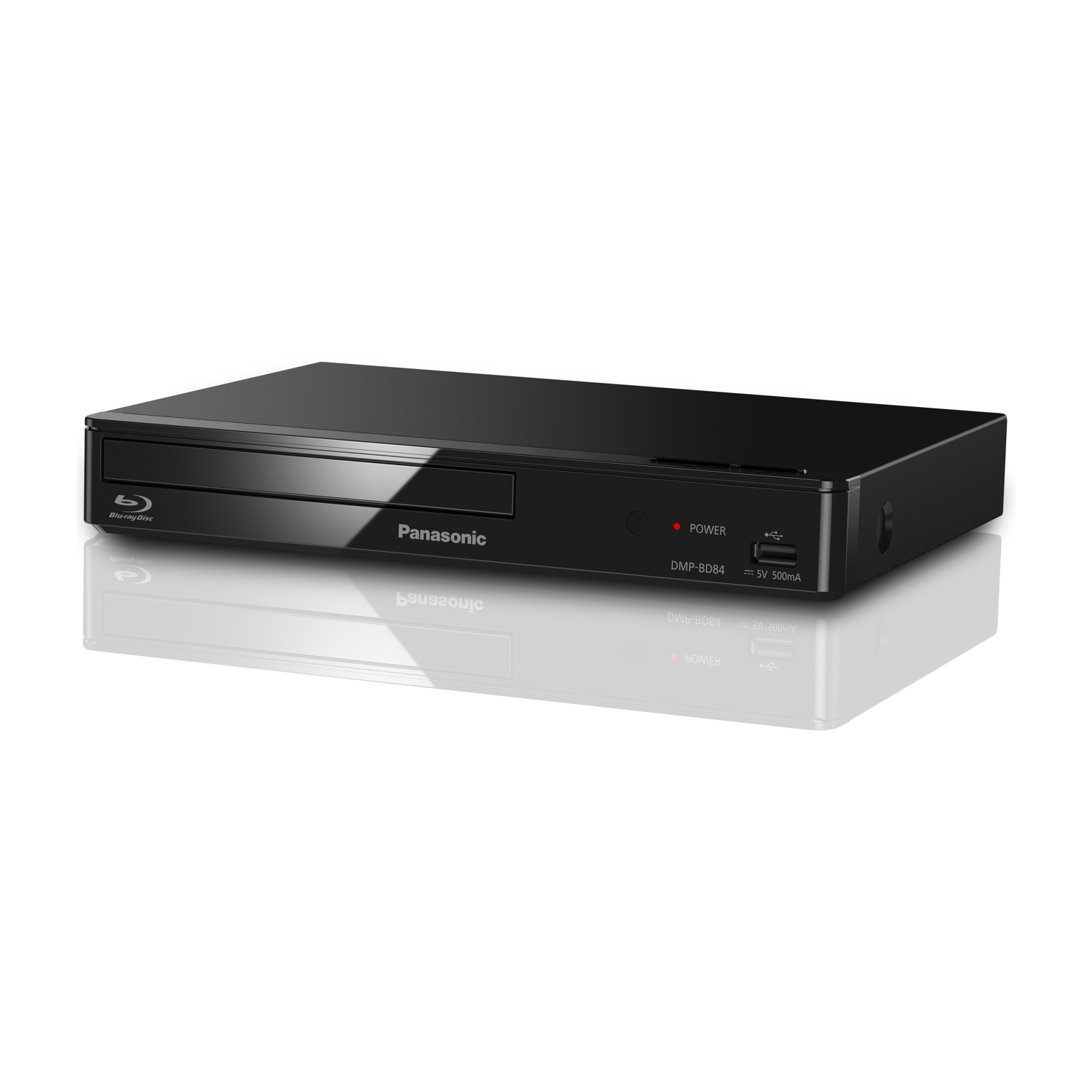Lettore Blu-ray Panasonic nero. Pulsante di accensione e vassoio dischi. Superficie frontale riflettente.