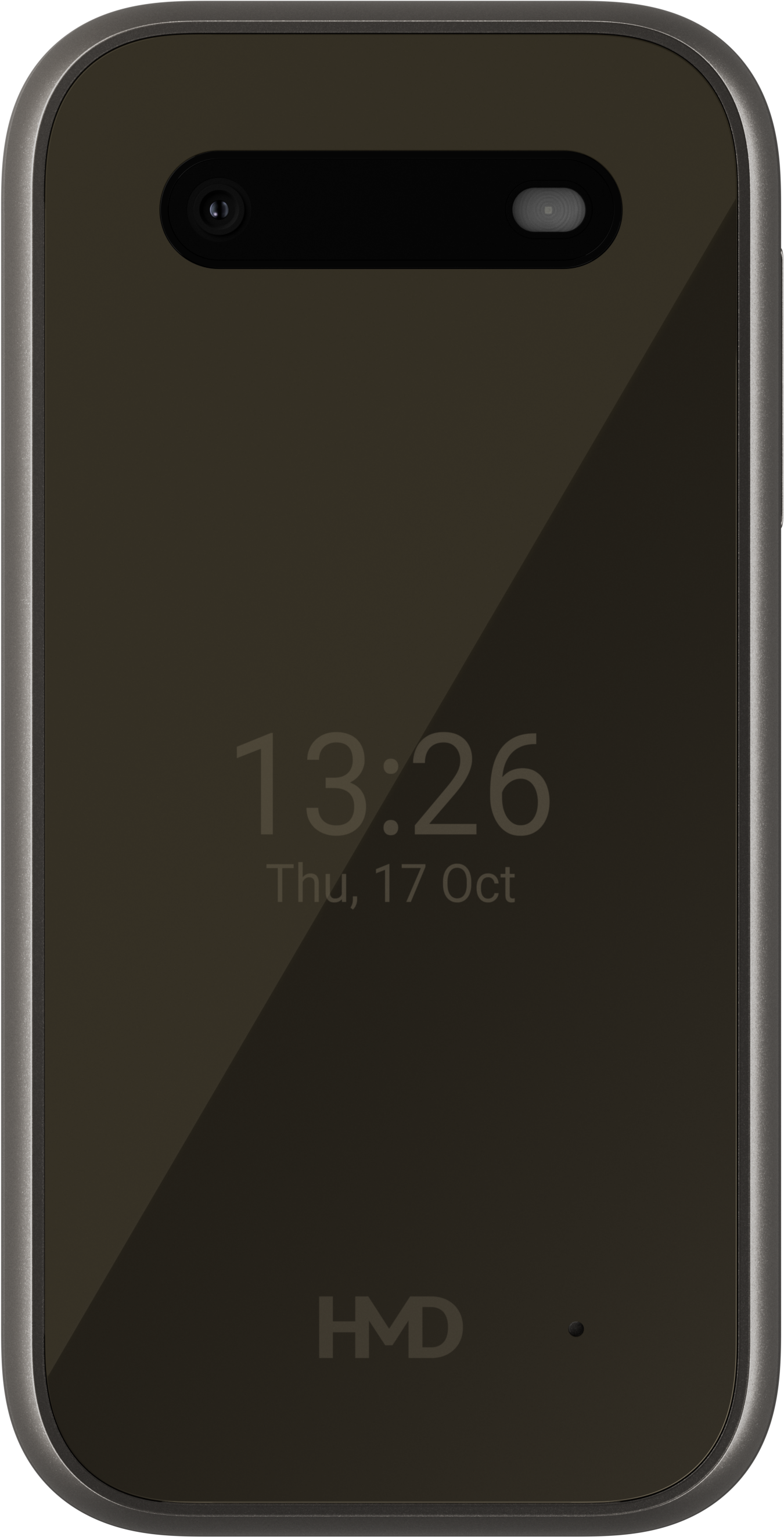Egy sötétszürke telefon, amely az időt és a dátumot mutatja. Alul HMD felirat.