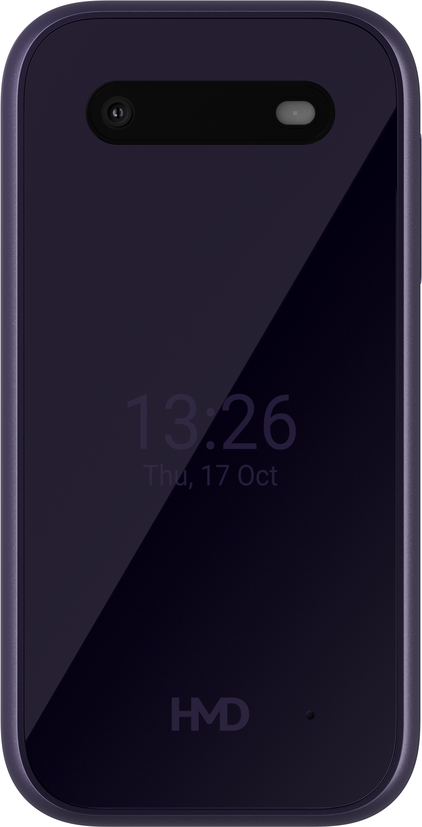 Egy lila telefon közeli képe fekete kamerával és idő kijelzővel.