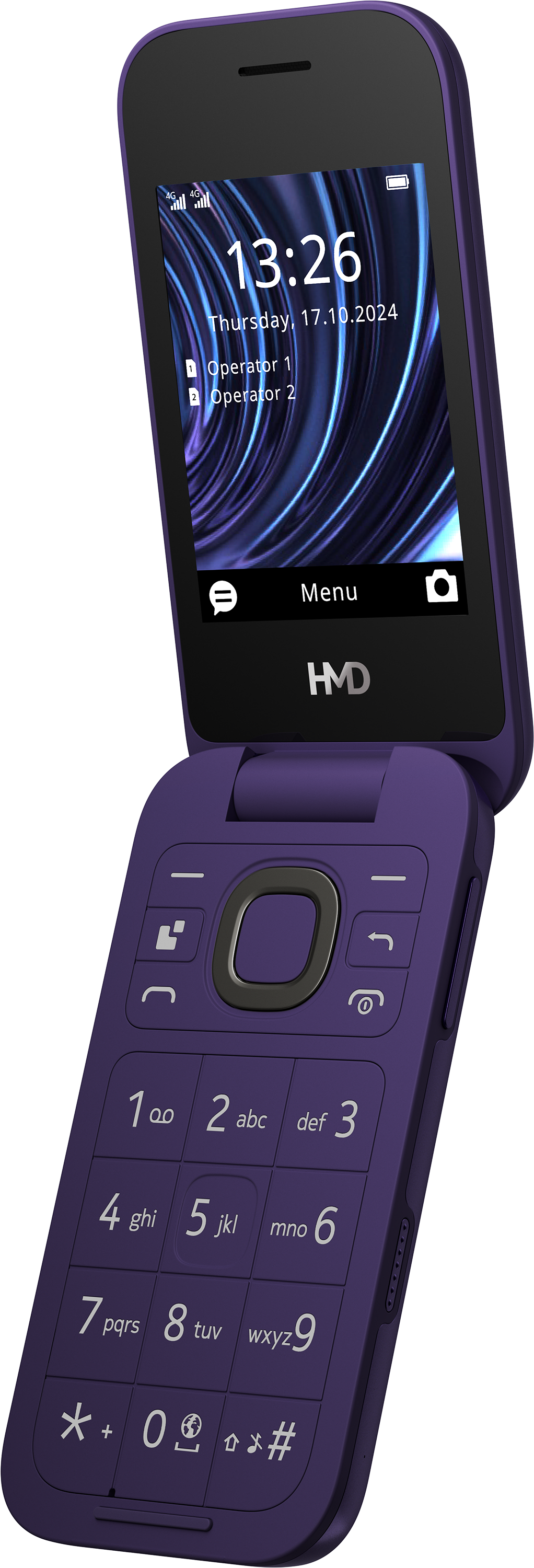 Egy lila kagylótelefon nyitva van, kijelzőjén az idő és a dátum látható. Számgombok vannak rajta.