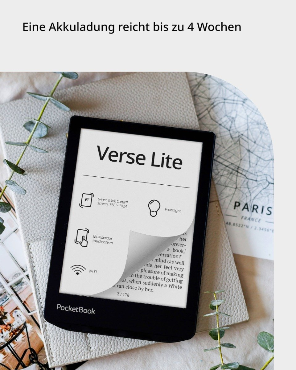 E-Reader mit schwarzem Bildschirm, der Text aus einem Buch anzeigt, mit weißem Hintergrund.