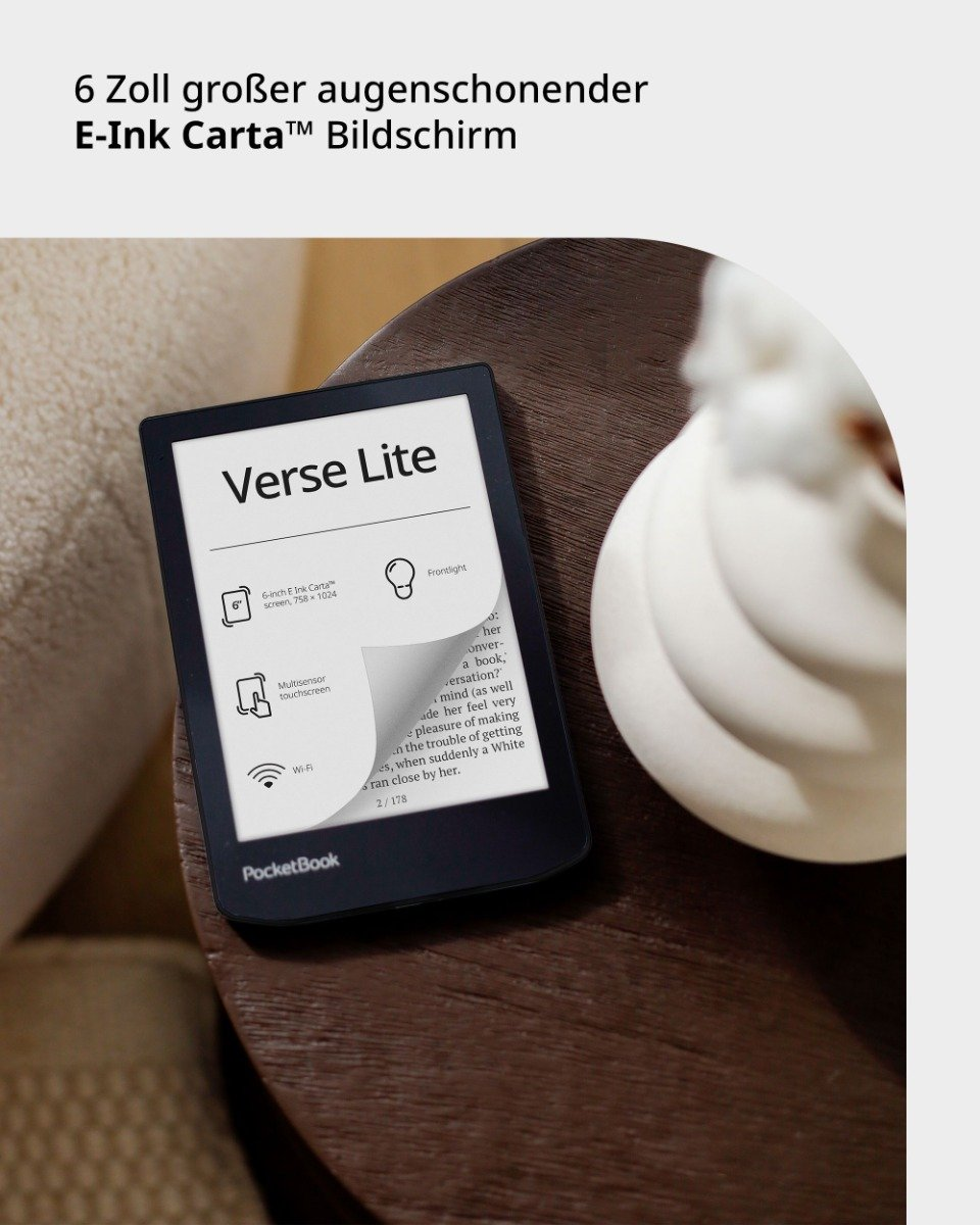 E-Reader auf Tisch, mit Text: Verse Lite. Hintergrund: weiße Skulptur.