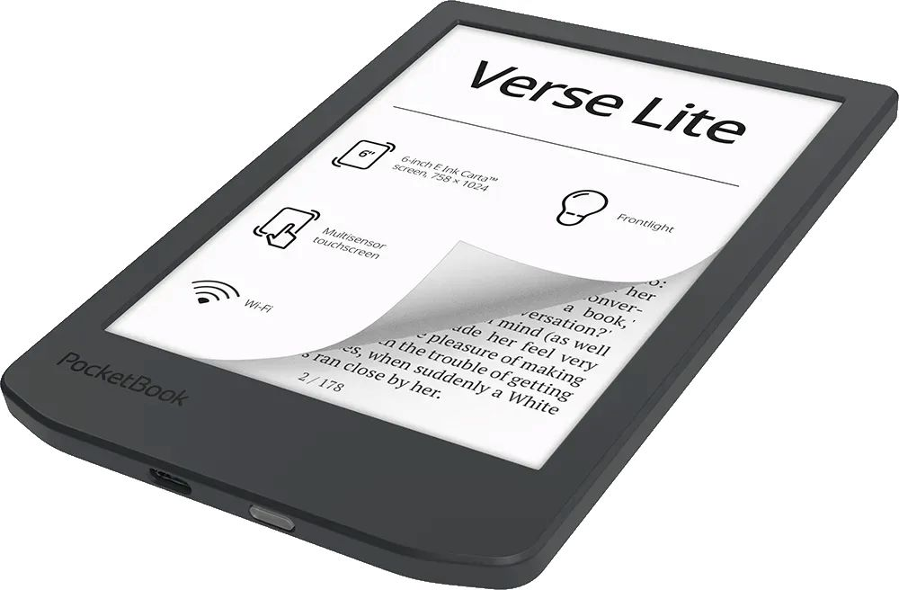 Schwarzer E-Reader mit dem Titel 'Verse Lite' und einem umgeblätterten Blatt.
