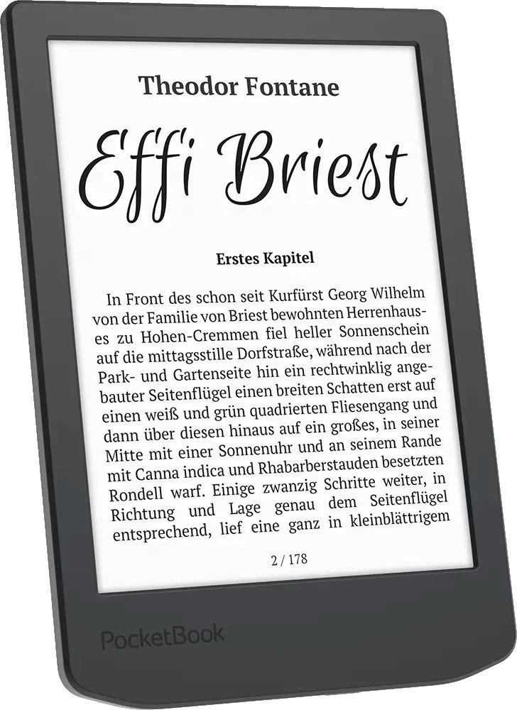 E-Reader zeigt Buchseiten. Schwarzes Gerät mit Text, Nahaufnahme auf weißem Hintergrund.