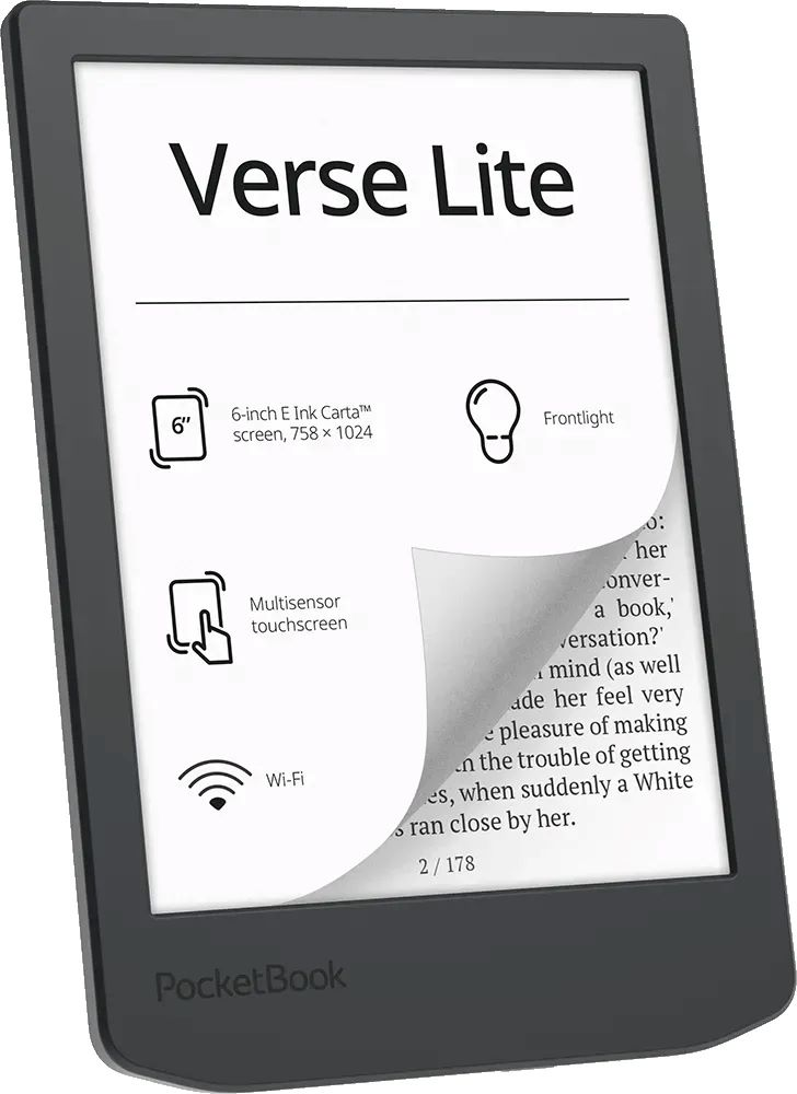 Schwarzer PocketBook Verse Lite E-Reader mit Textanzeige und einer weißen Seitenspirale.