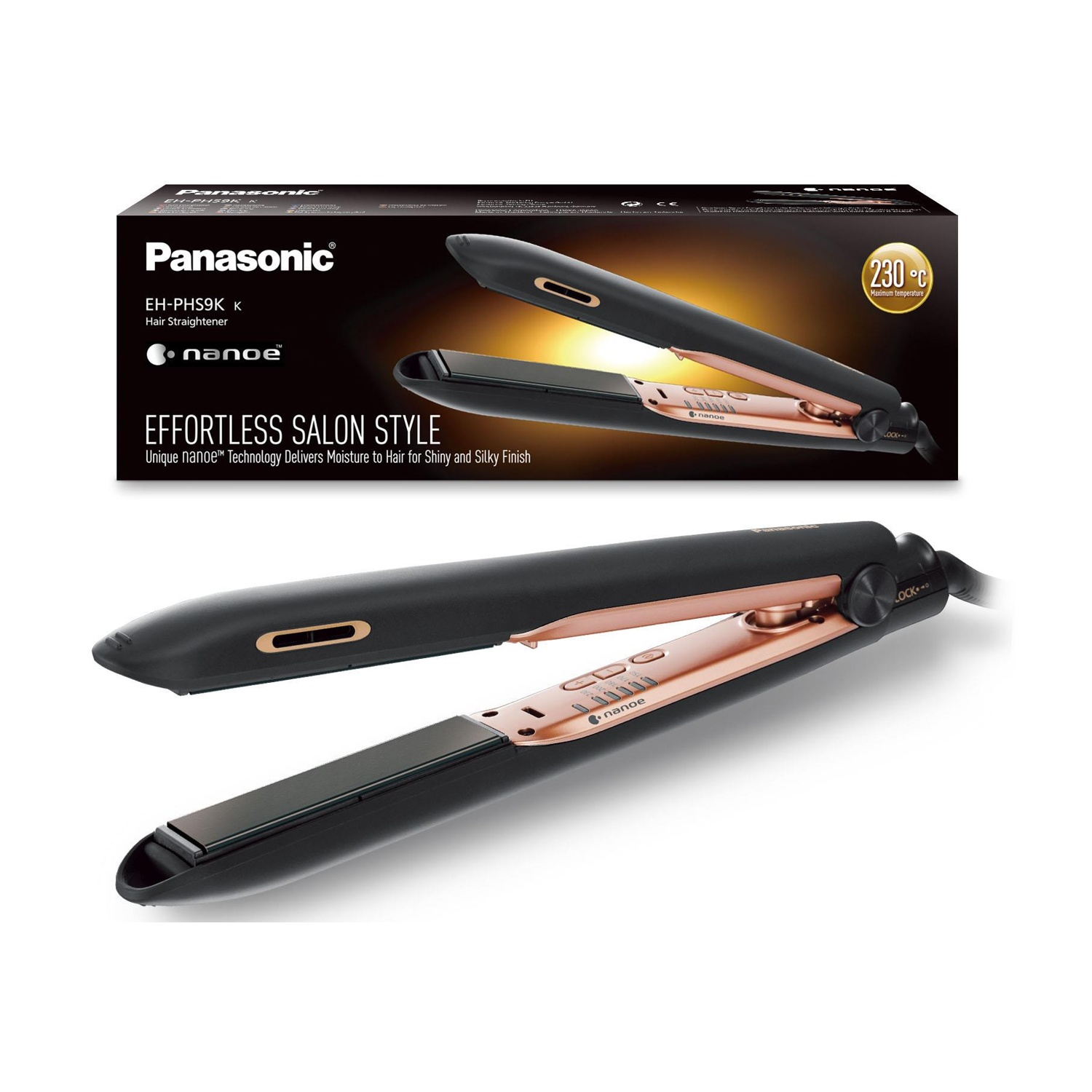 Piastra per capelli dentro e fuori dalla scatola. Design nero e oro rosa. Testo: Stile salone senza sforzo.