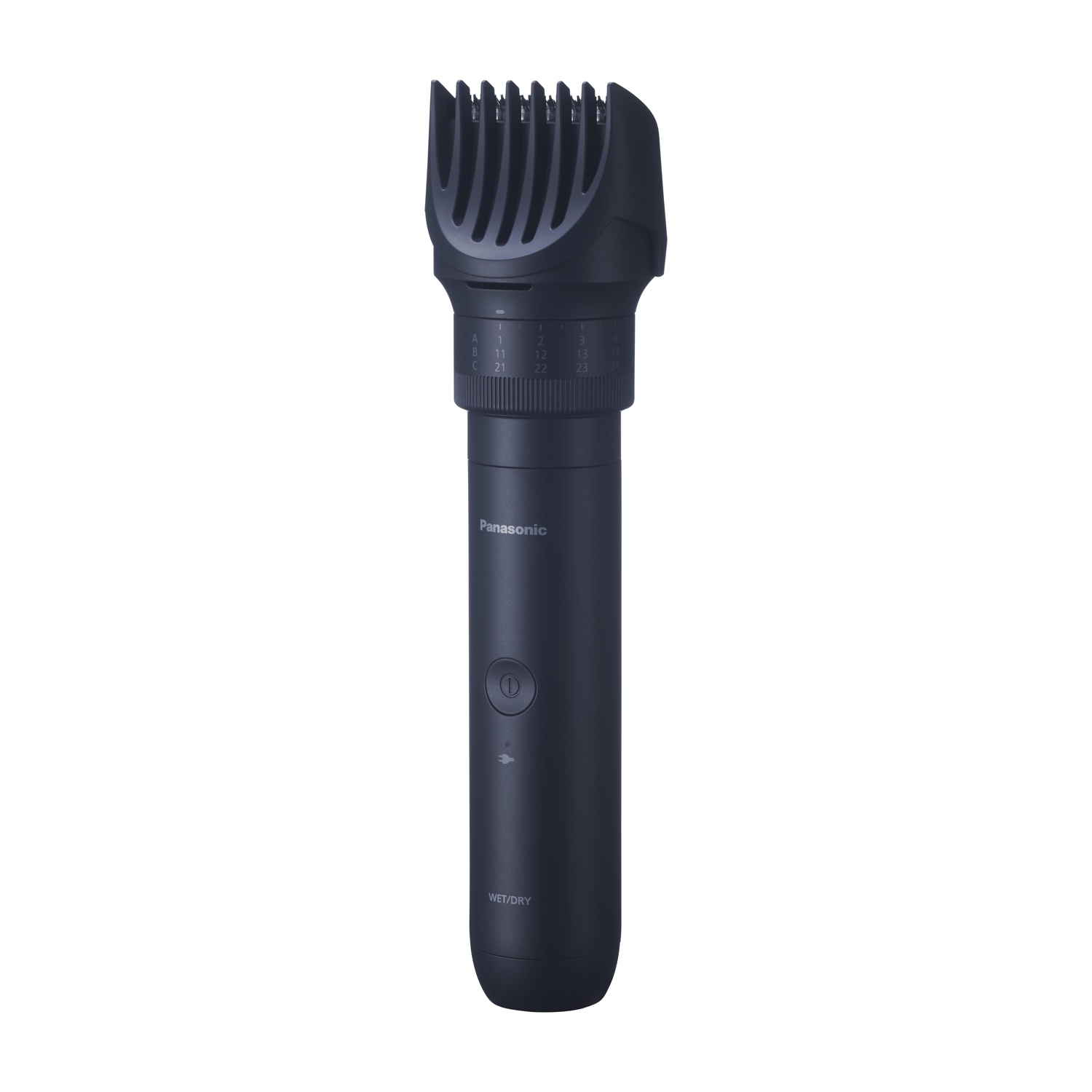 Tagliacapelli Panasonic nero con lunghezze di taglio regolabili. Il tagliacapelli ha una forma cilindrica.