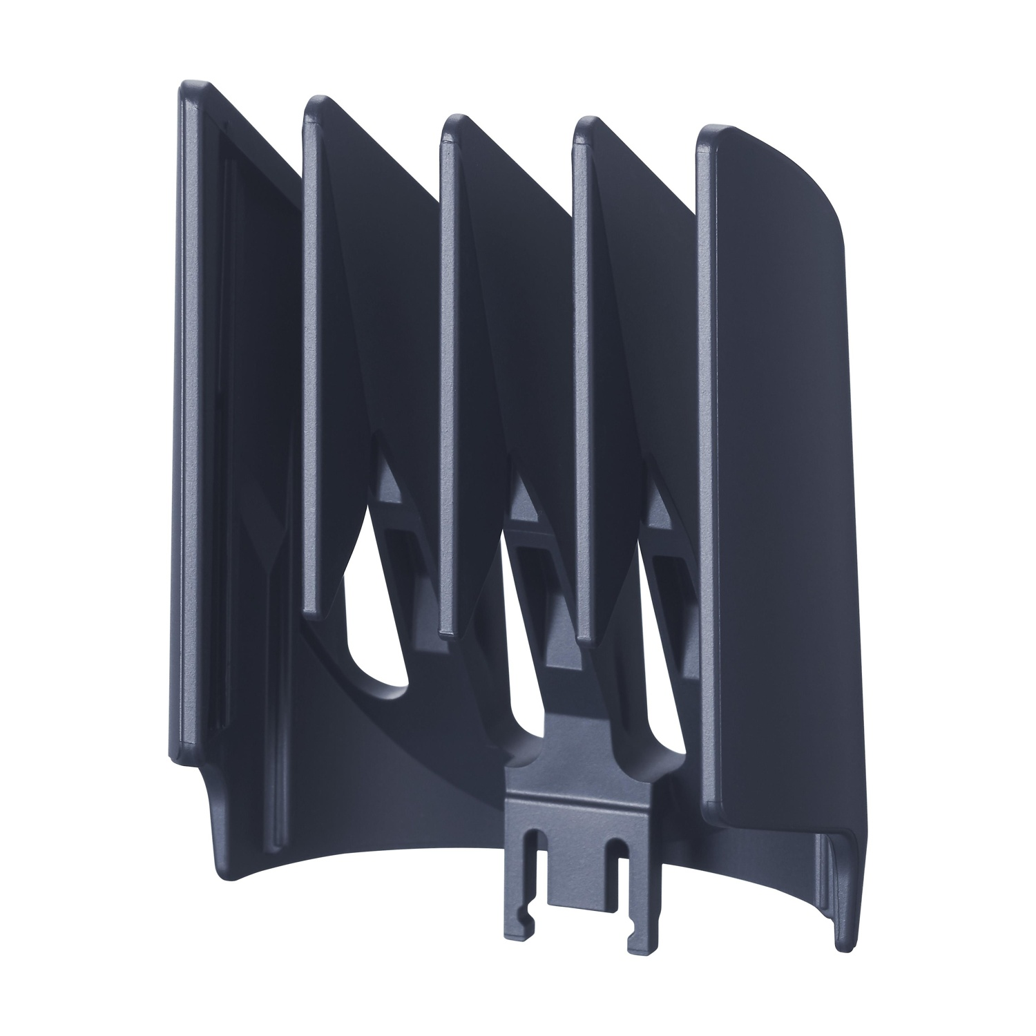 Una protezione per tagliacapelli in plastica nera con lame multiple e una clip di montaggio.
