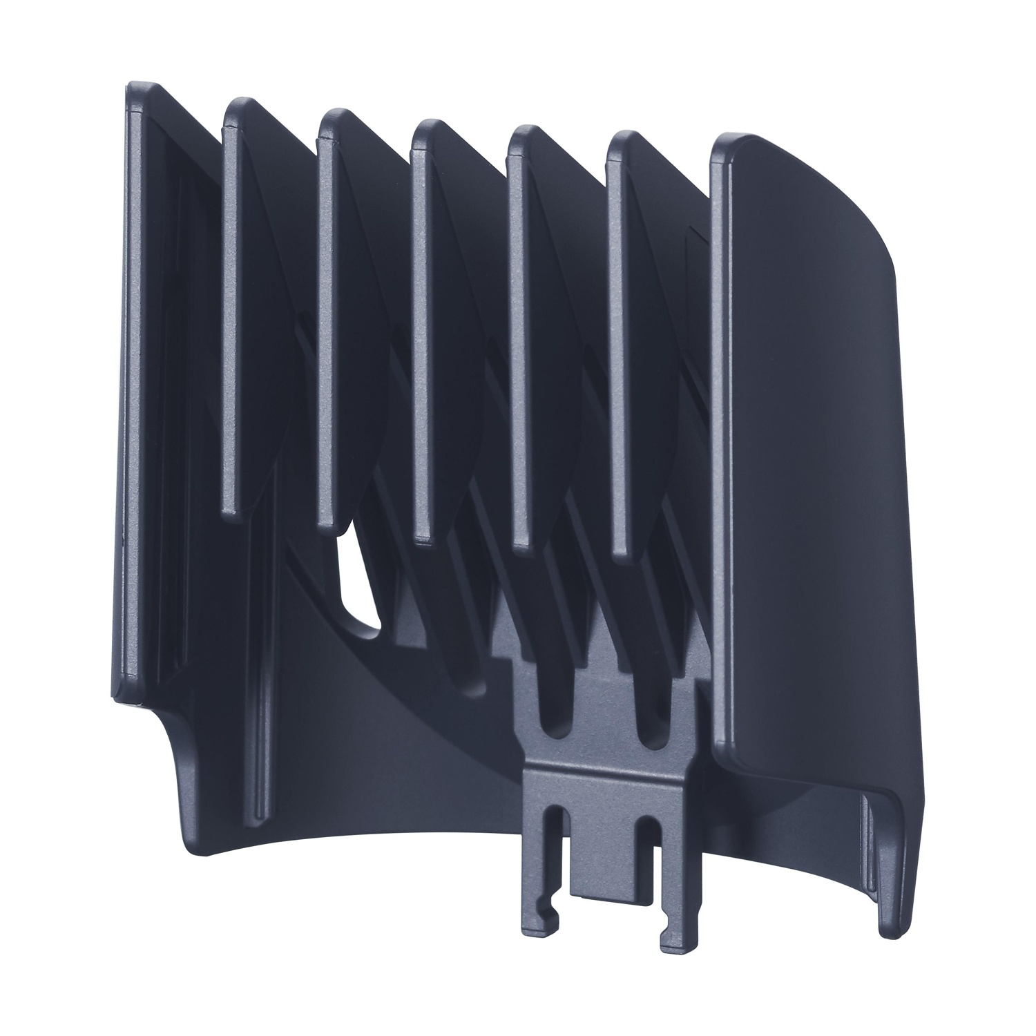 Accessorio per tagliacapelli. Plastica grigio scuro con strutture a forma di denti.